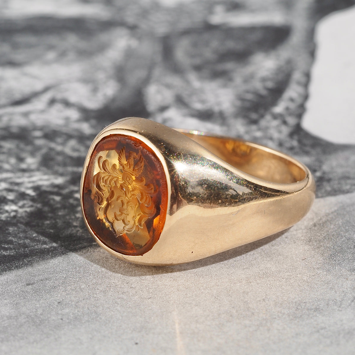 Vintage Citrine Crest Intaglio 14k Gold Signet Ring