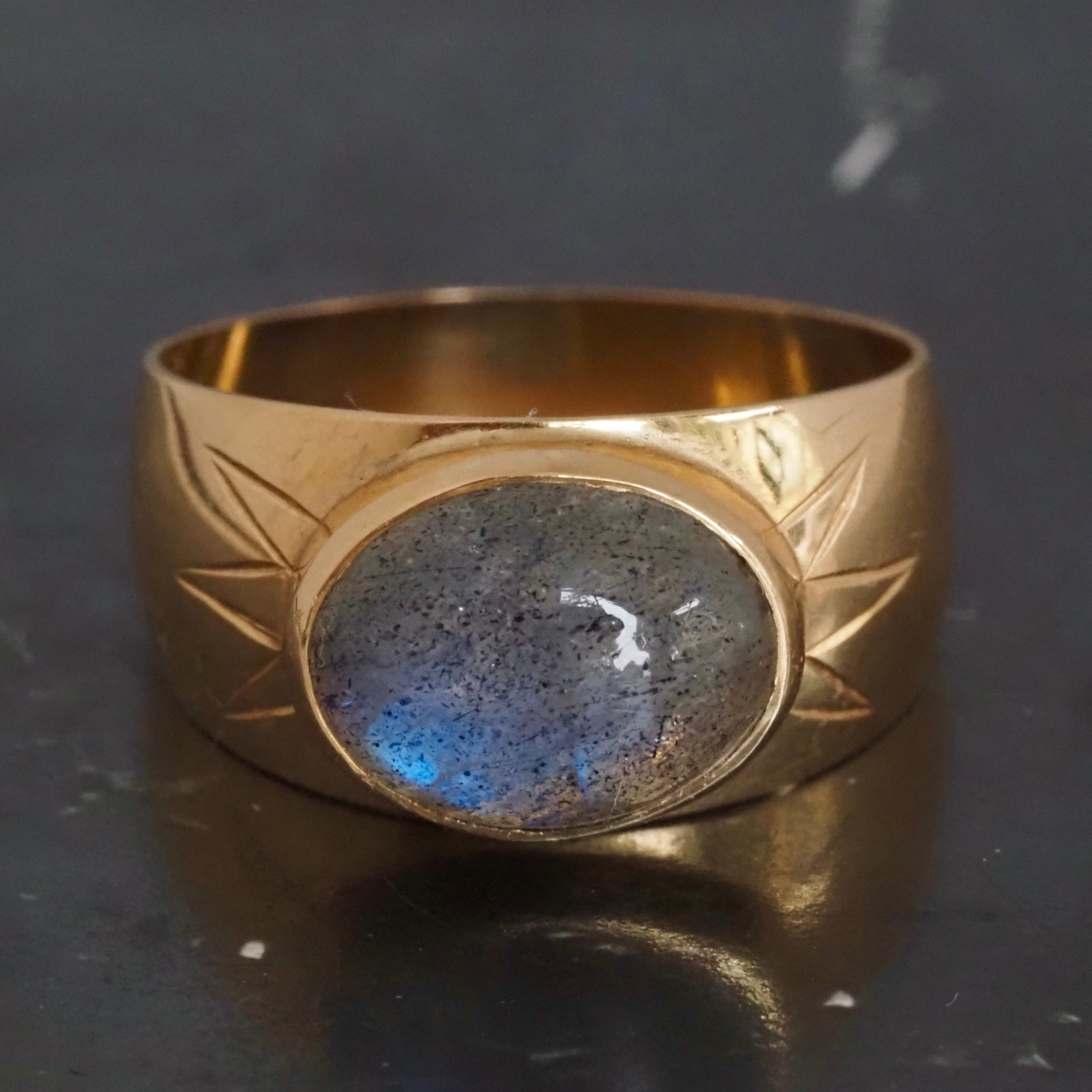 Mid-Century Swedish Labradorite Cabochon Wide 18k Gold Ring