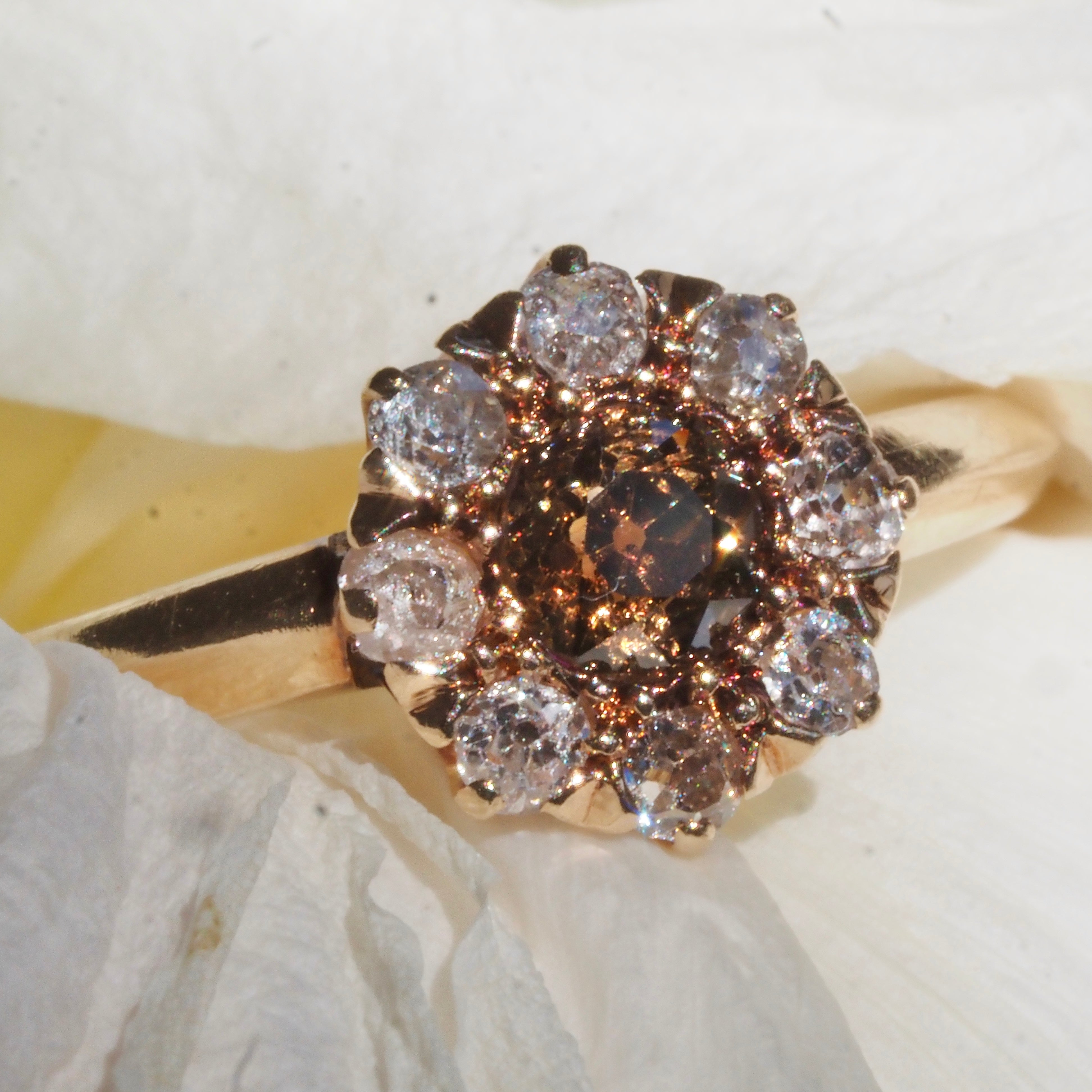Antique Edwardian Brown Old European Cut Diamond Halo Cluster 14k Gold Engagement Ring