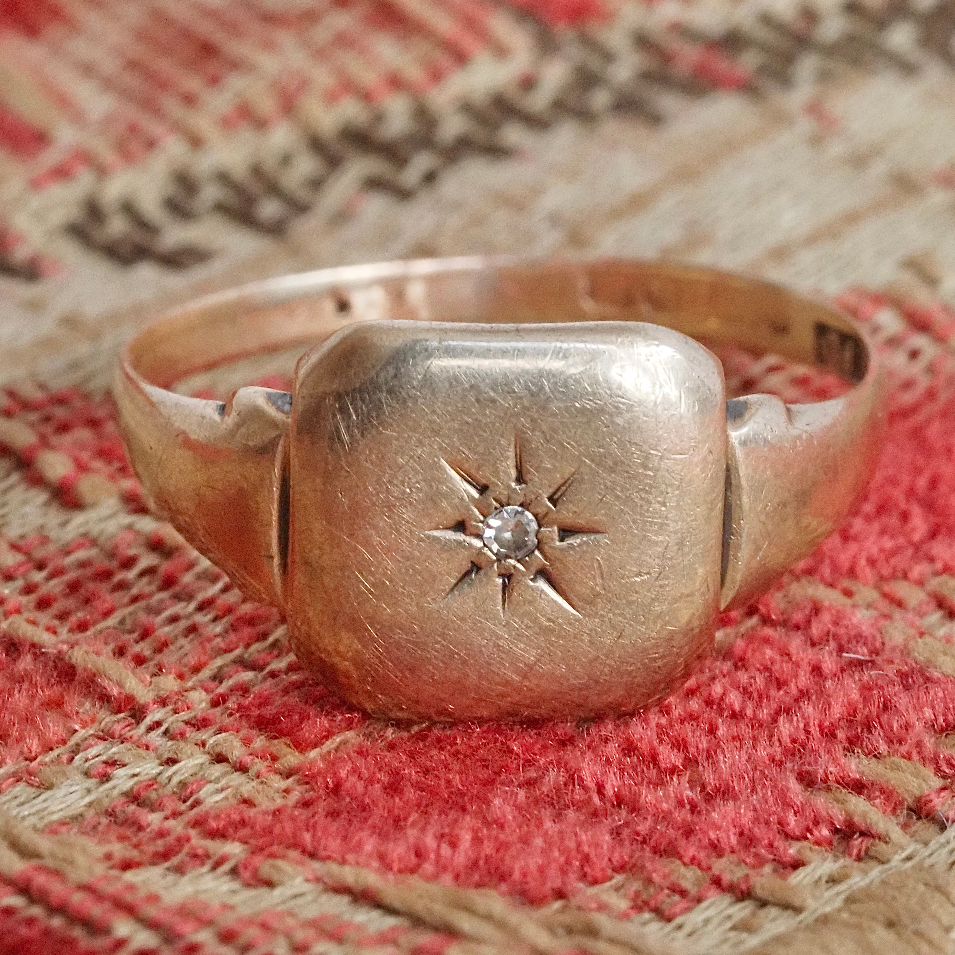 Vintage English Diamond Starburst 9k Gold Signet Ring