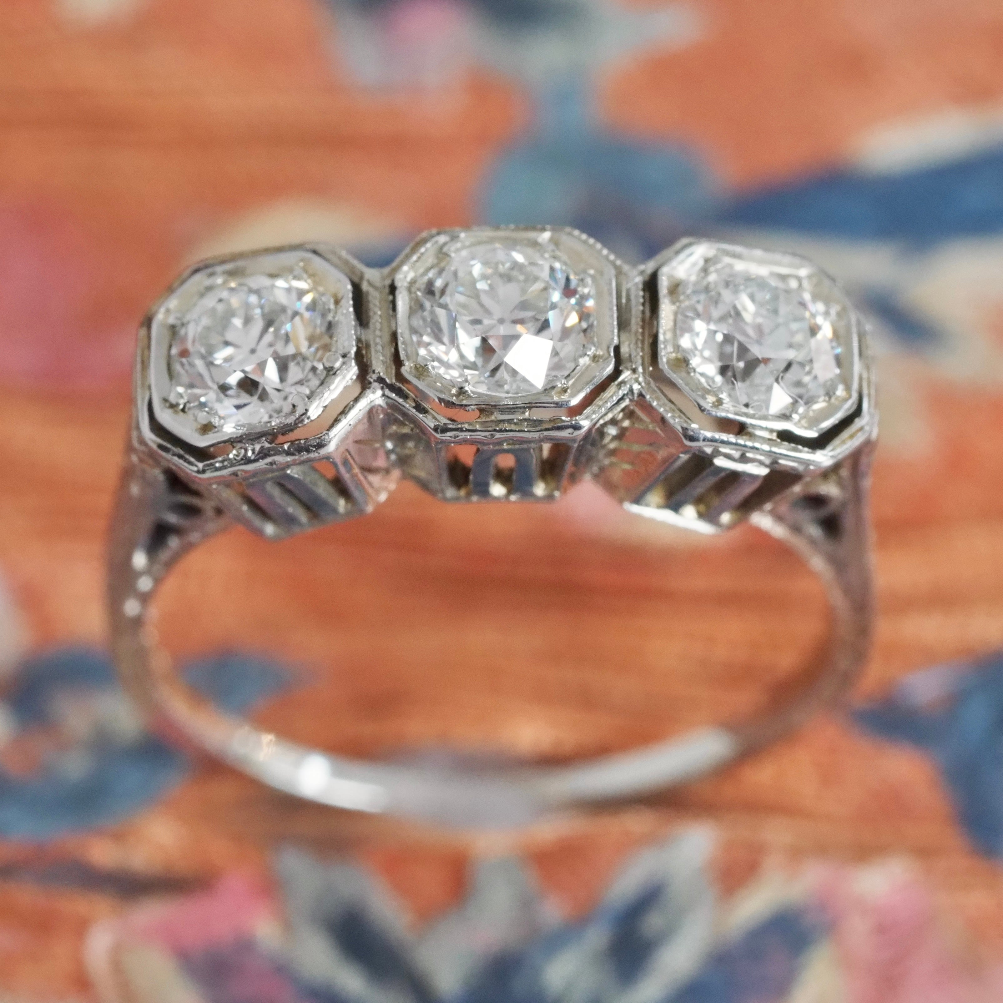 Antique Art Deco c.1914 18k Gold Old European Cut Diamond Trilogy Ring