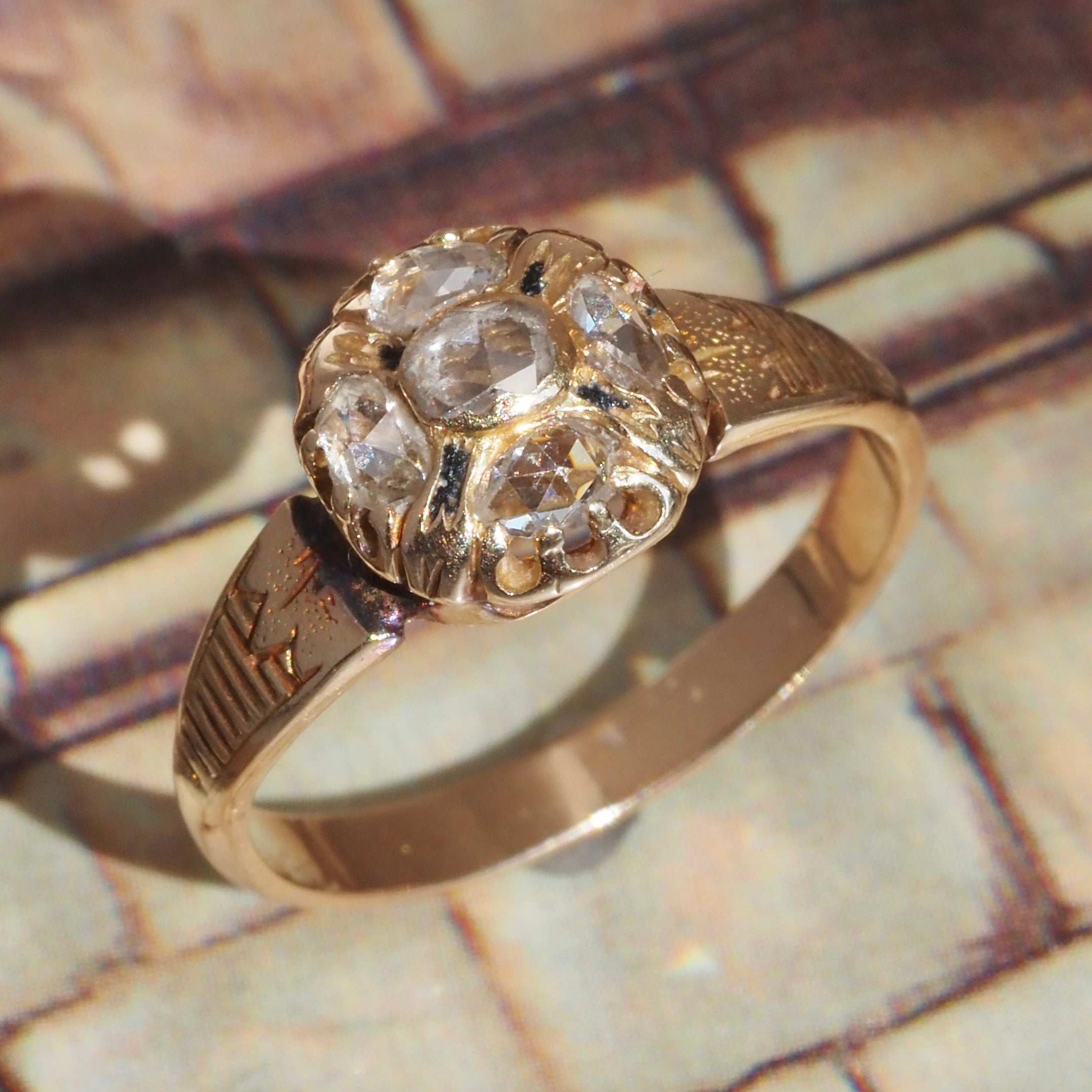 Antique Victorian Rose Cut Diamond Cluster 18k Gold Ring
