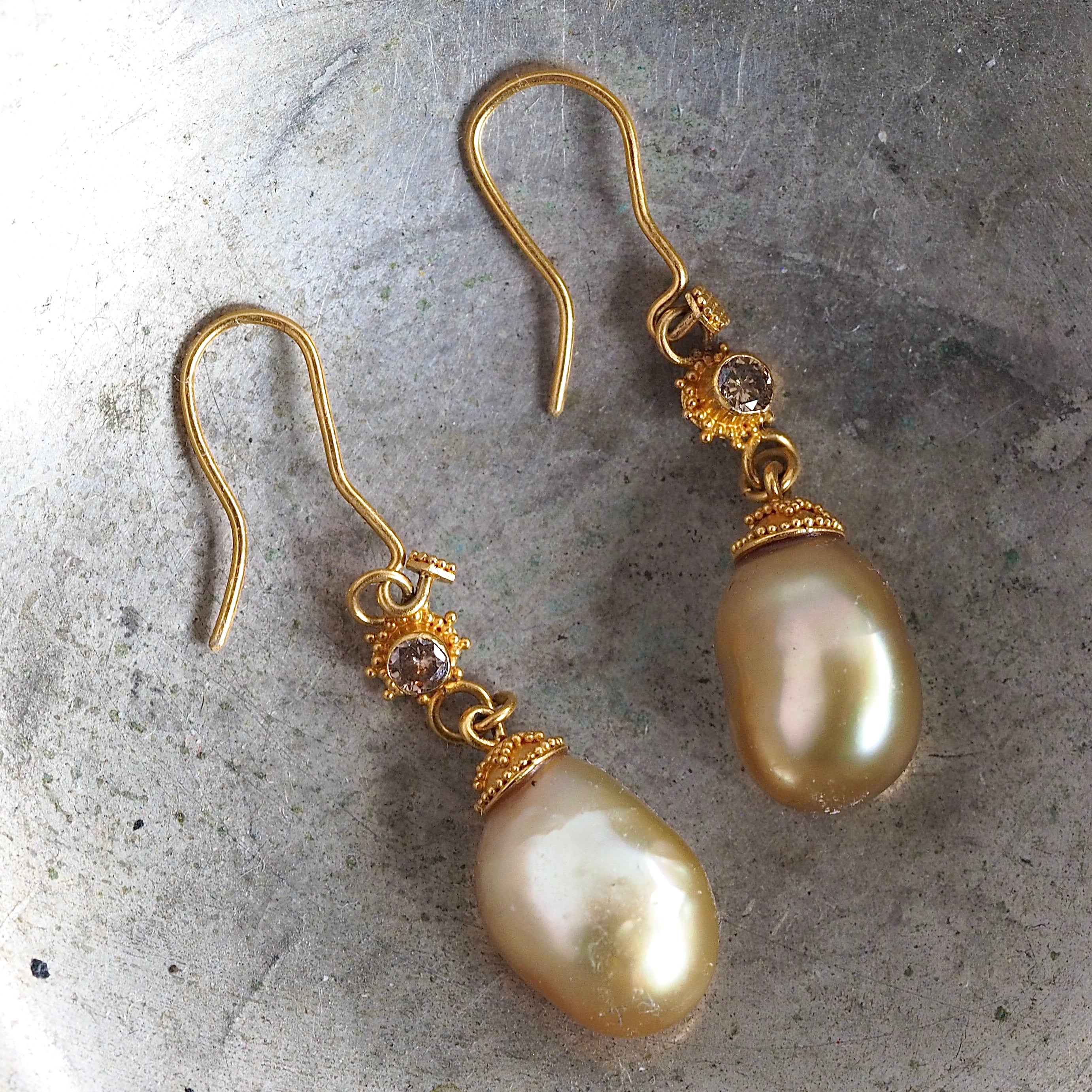 Vintage 21k Gold Baroque Pearl and Brown Diamond Earrings