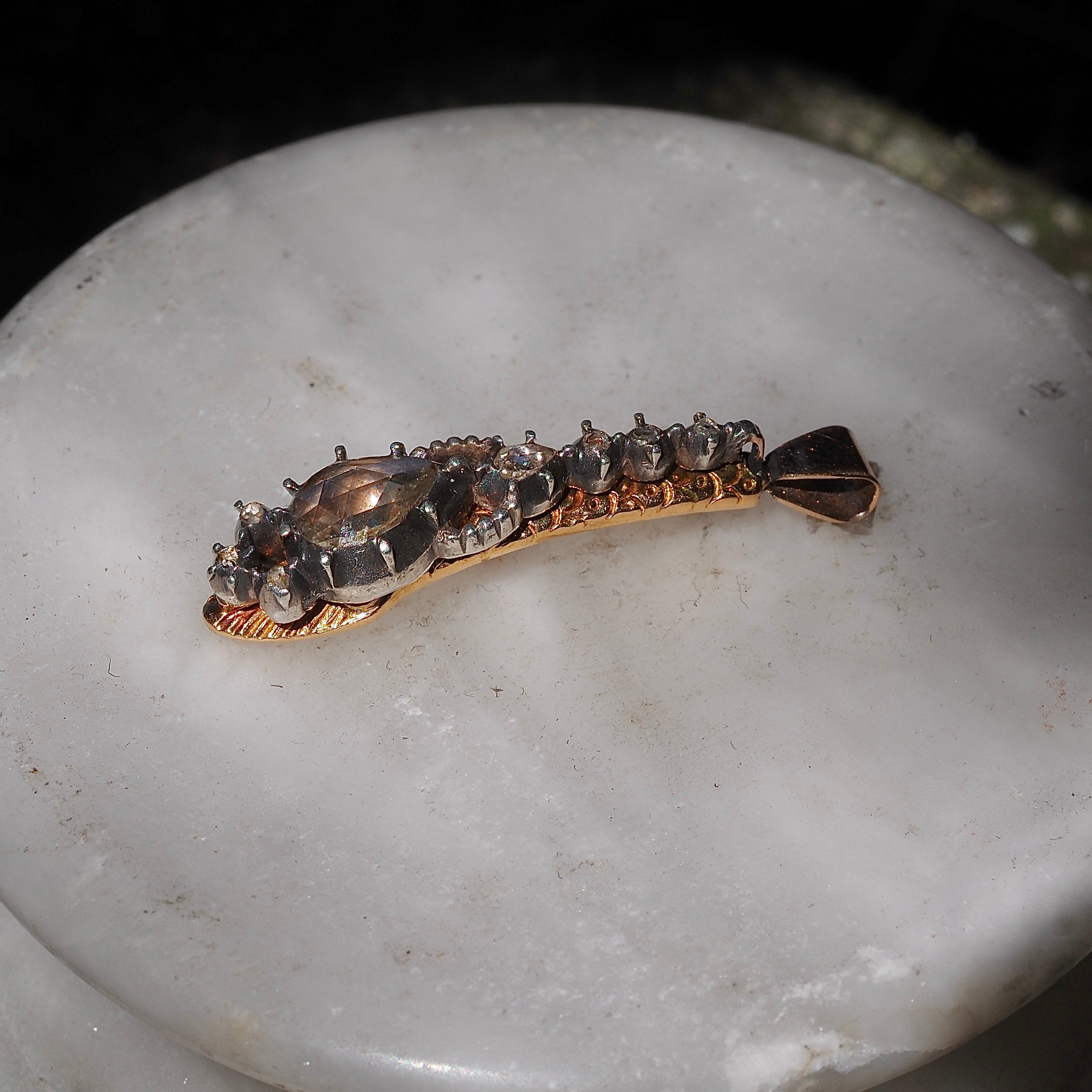 Antique Rose Cut Diamond Gold and Silver Snake Pendant
