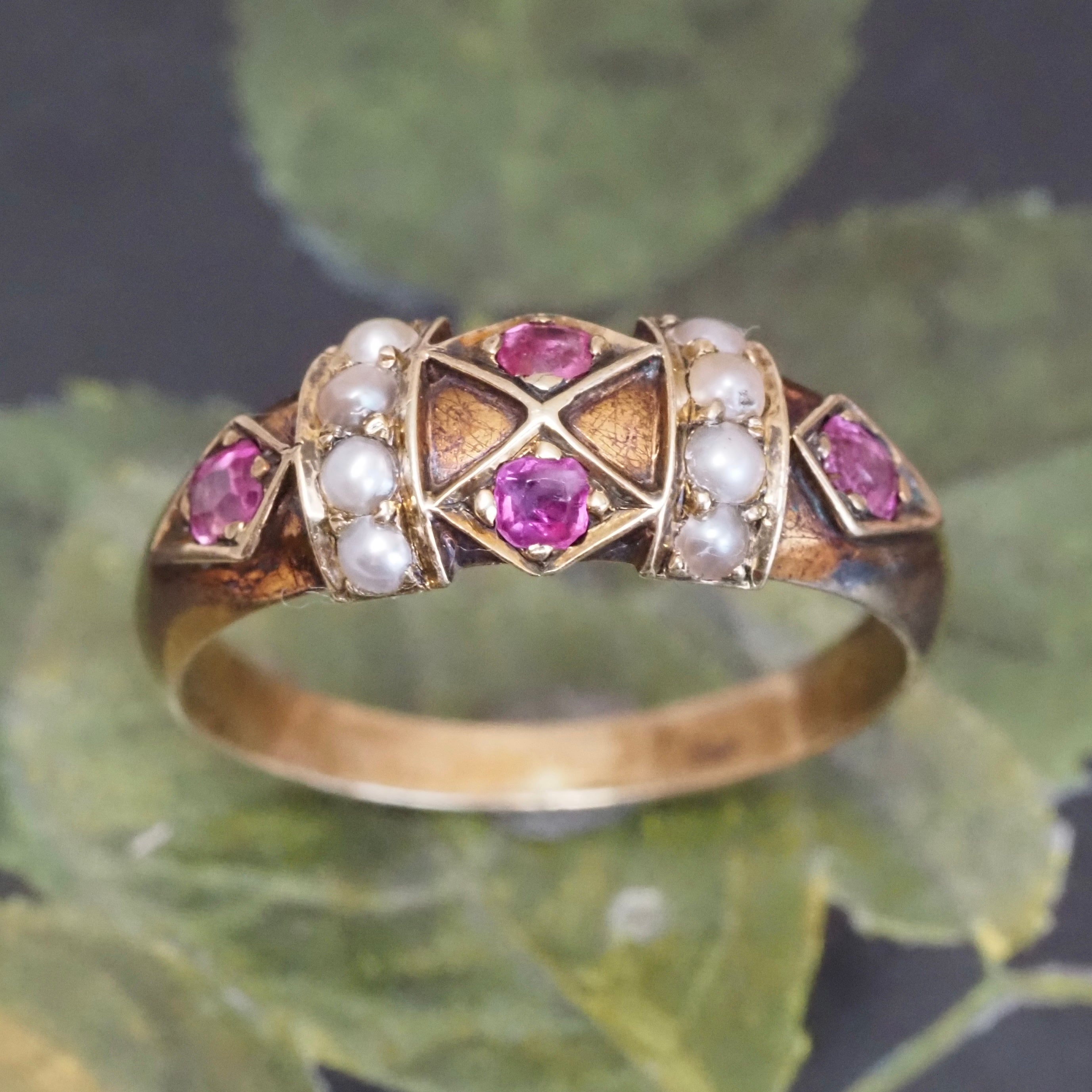 Antique Victorian English Ruby and Seed Pearl 15k Gold Ring