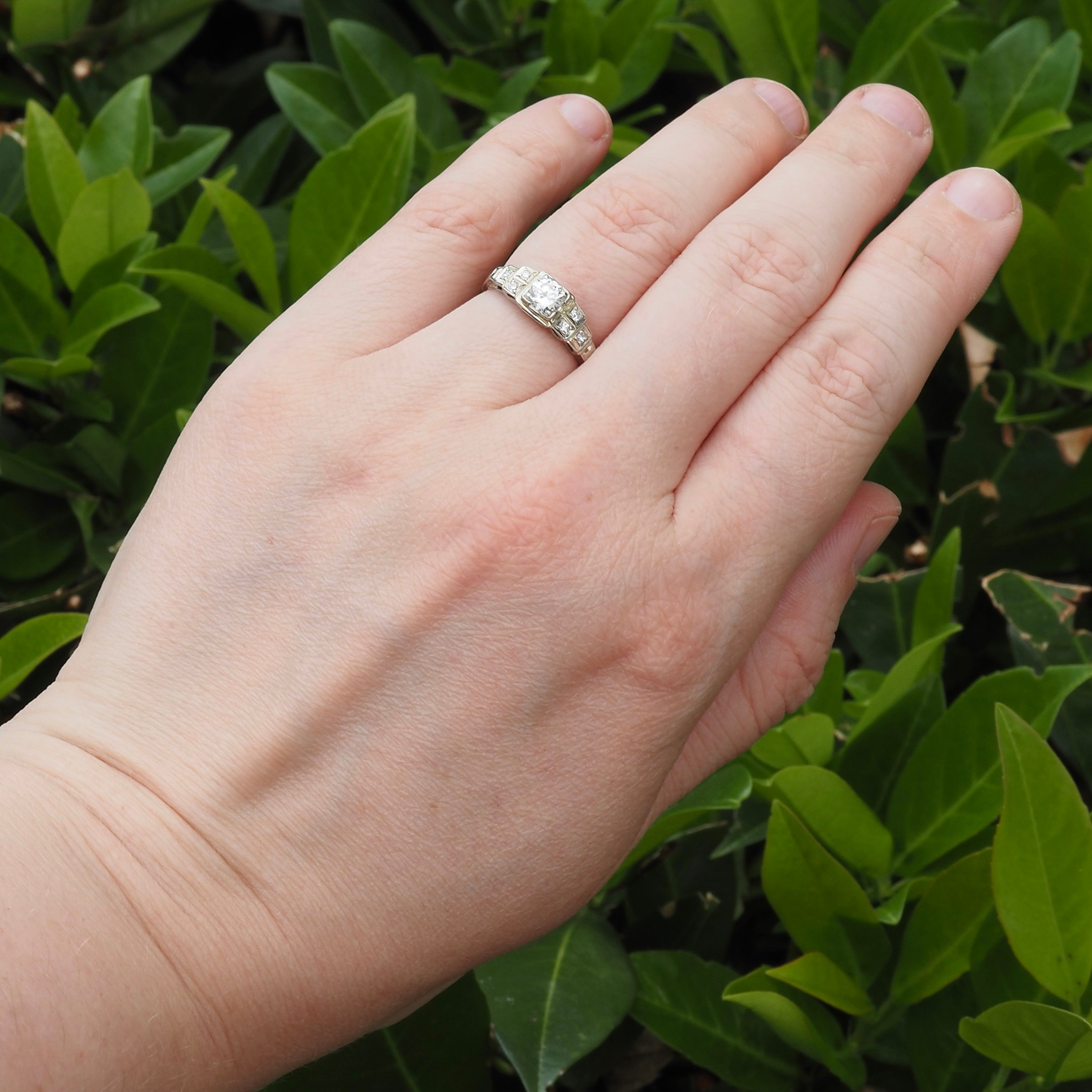 Antique Art Deco 14k White Gold Transitional Cut Diamond Step Ring