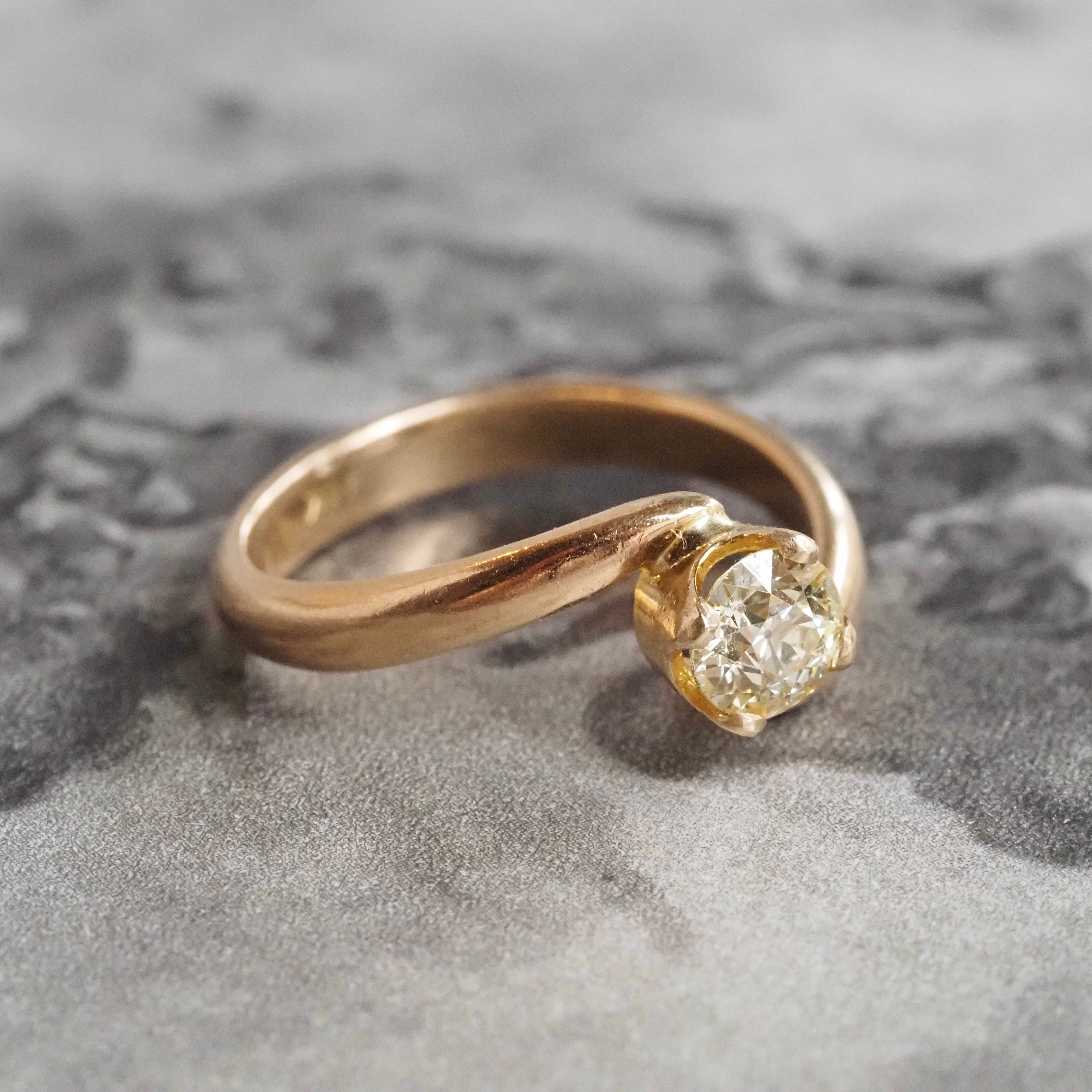 Mid-Century Light Yellow Old European Cut Diamond 14k Gold Bypass Solitaire Engagement Ring