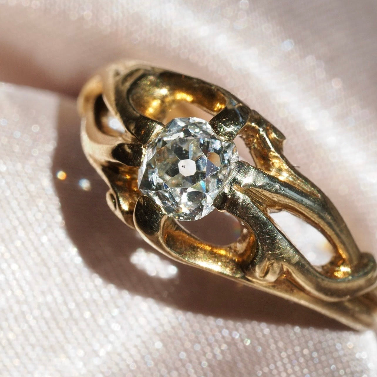Antique French Art Nouveau Old Mine Cut Diamond 18k Gold Belcher Engagement Ring