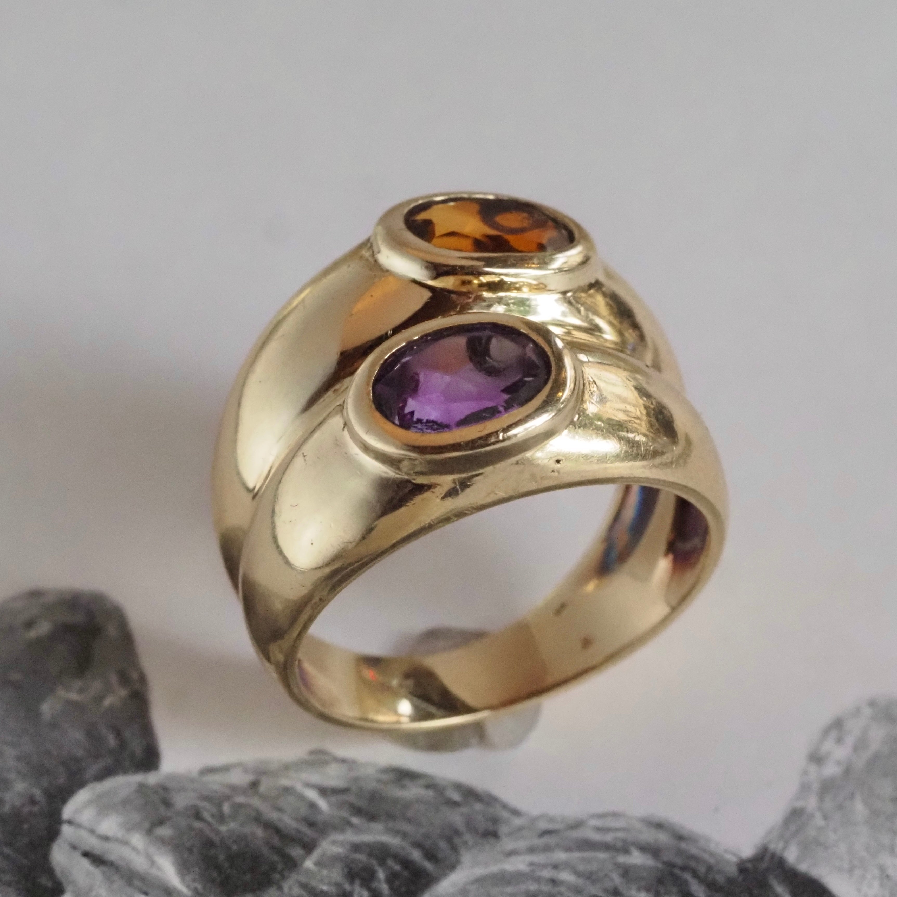 Vintage Citrine and Amethyst Double Dome Bezel Set 14k Gold Ring