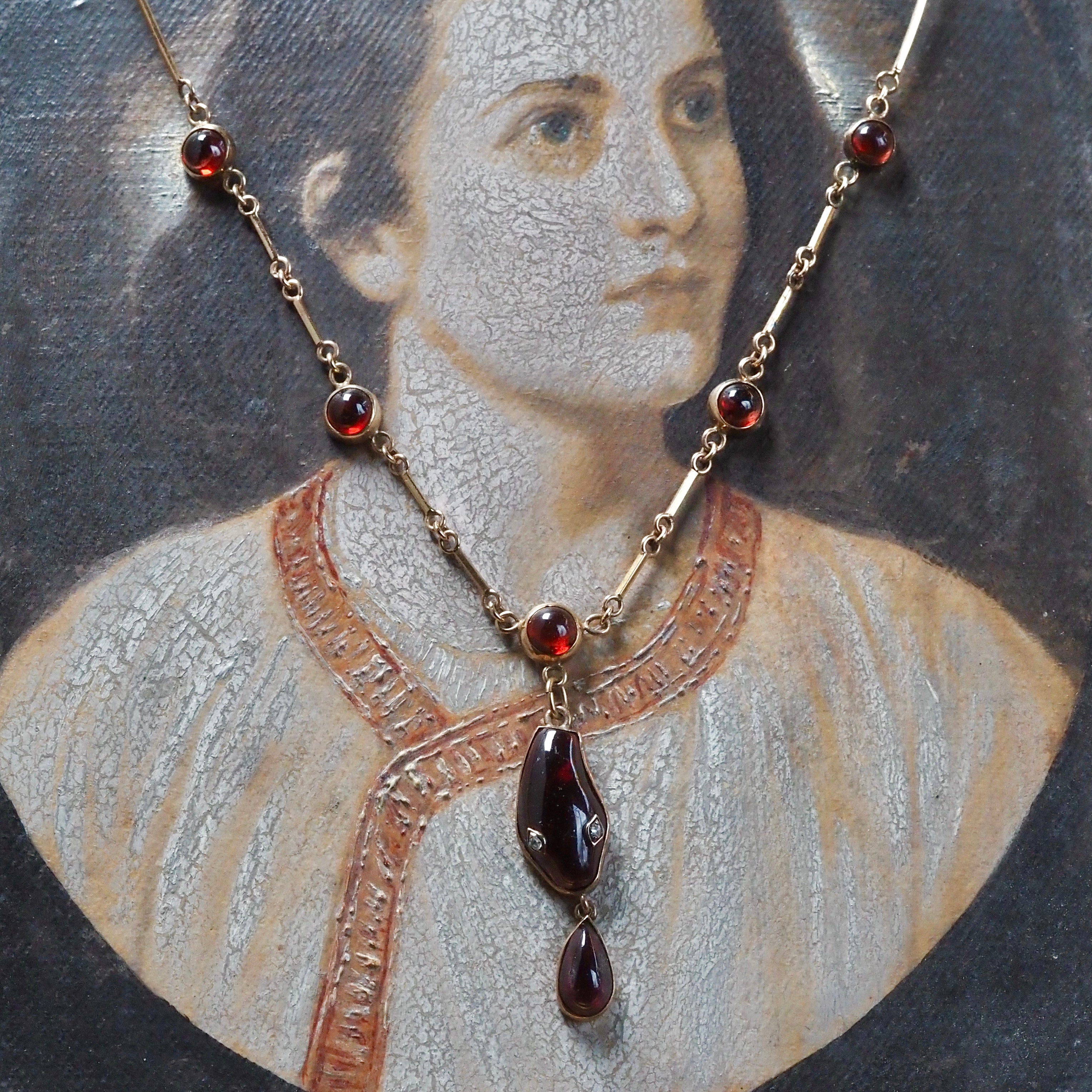 Antique Garnet Snake with Rose Cut Diamond Eyes 14k Gold Necklace