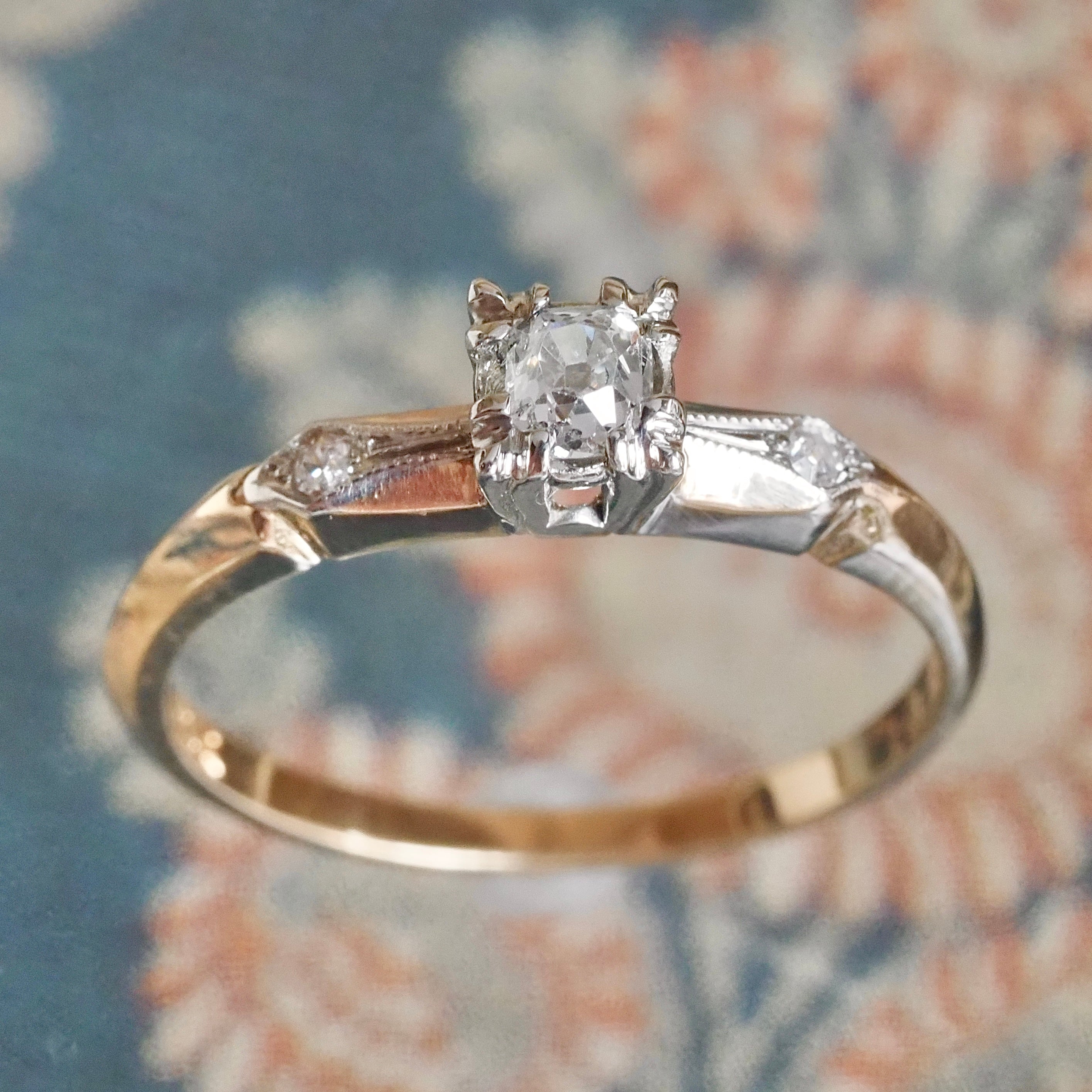 Late Deco 14k Gold Old Mine Cut Diamond Solitaire Ring