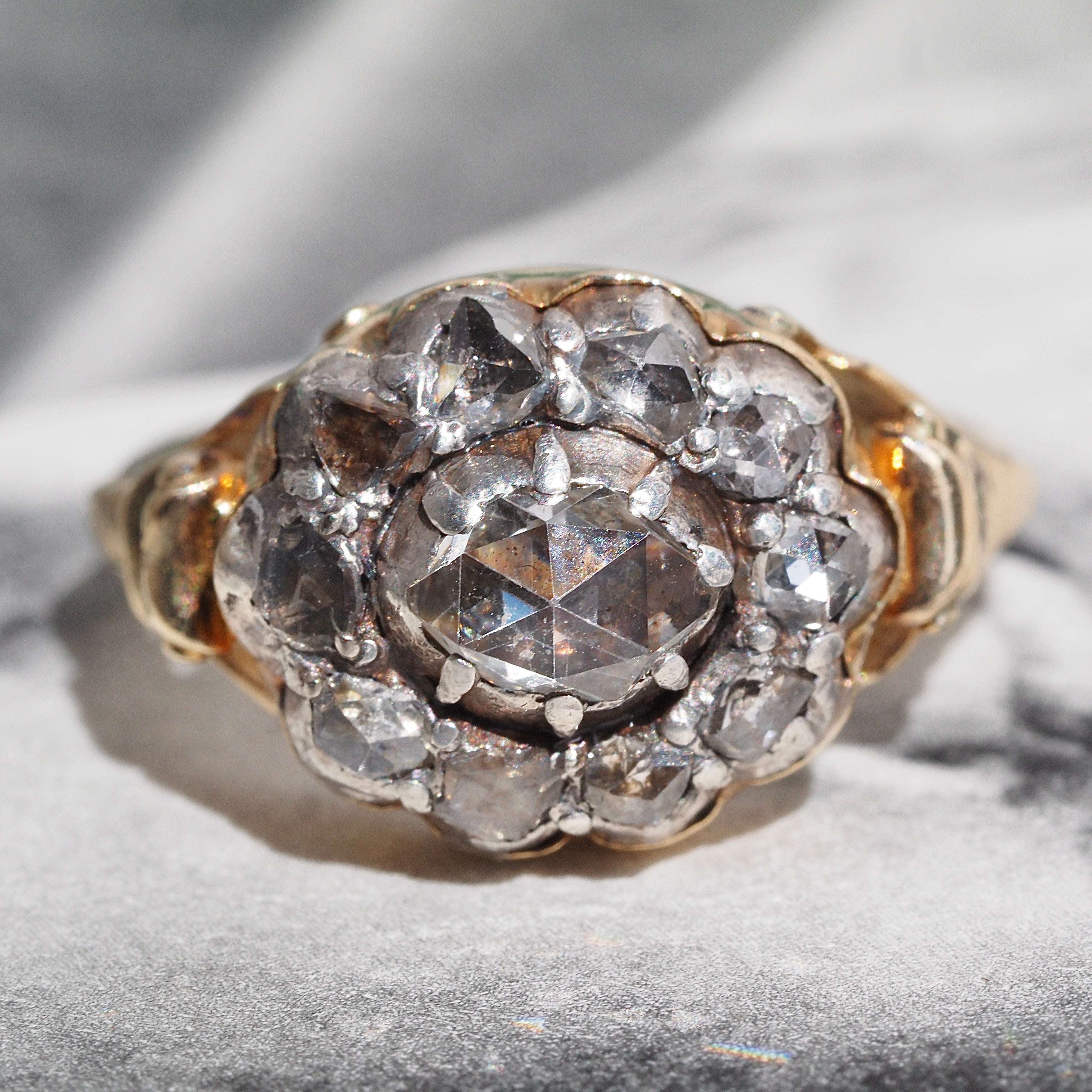 Antique Georgian c. 1800-1810 18k Gold Foil Backed Rose Cut Diamond Cluster Ring