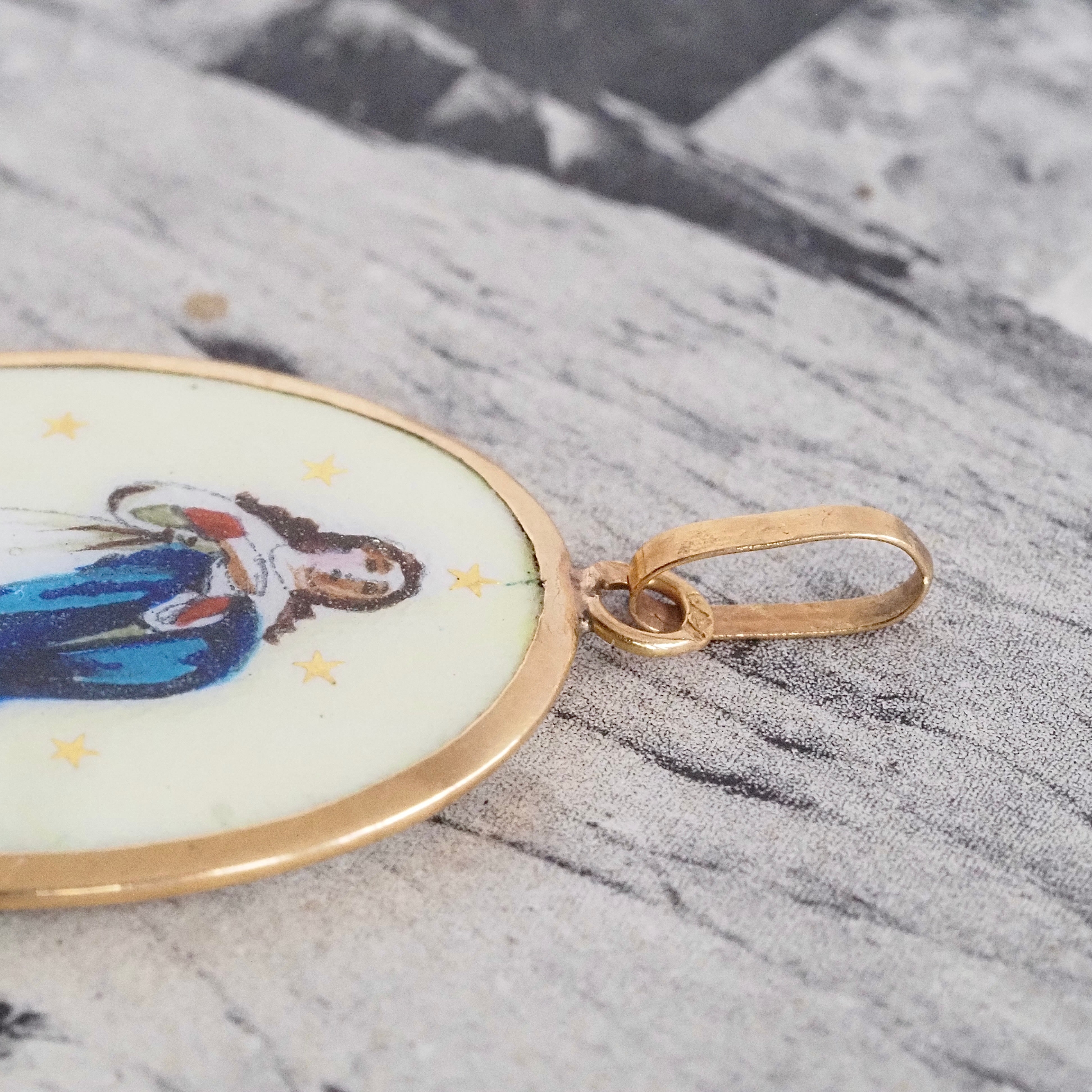 Antique Portuguese 19k Gold and Porcelain Mary Pendant