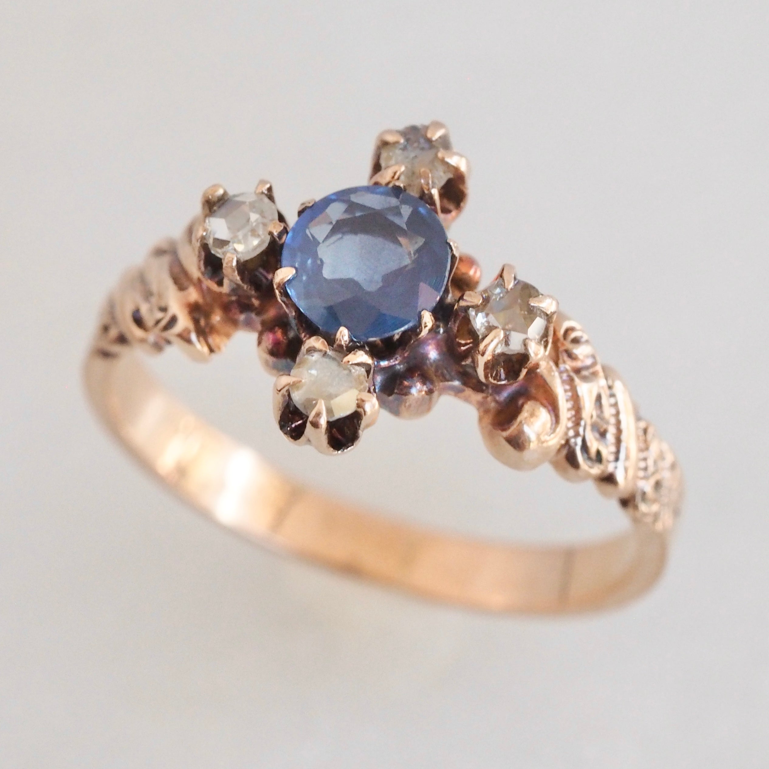 Antique Victorian 10k Gold Sapphire and Rose Cut Diamond Accents Ring