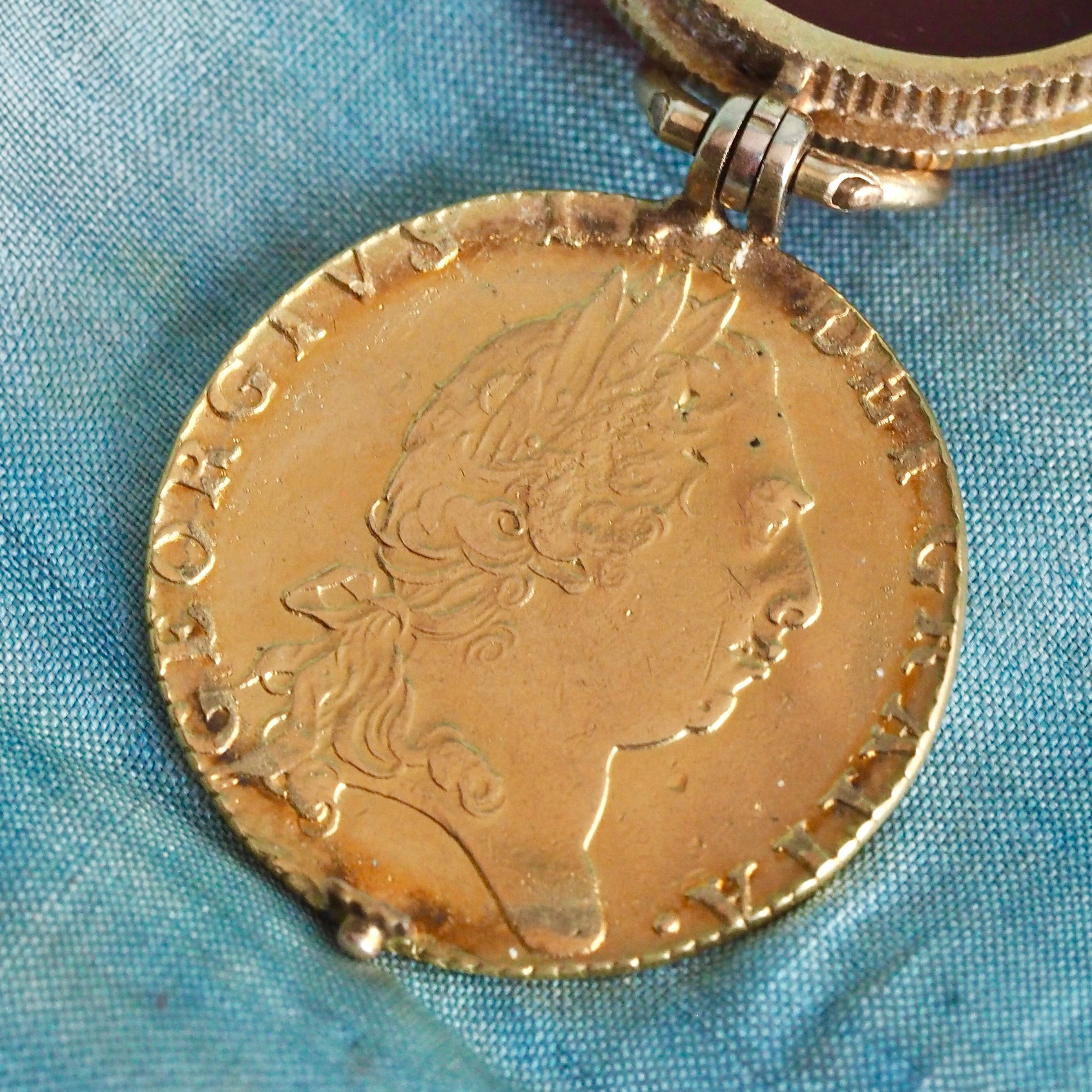 Antique Victorian Carnelian & c. 1795 22k Spade Guinea Coin Locket