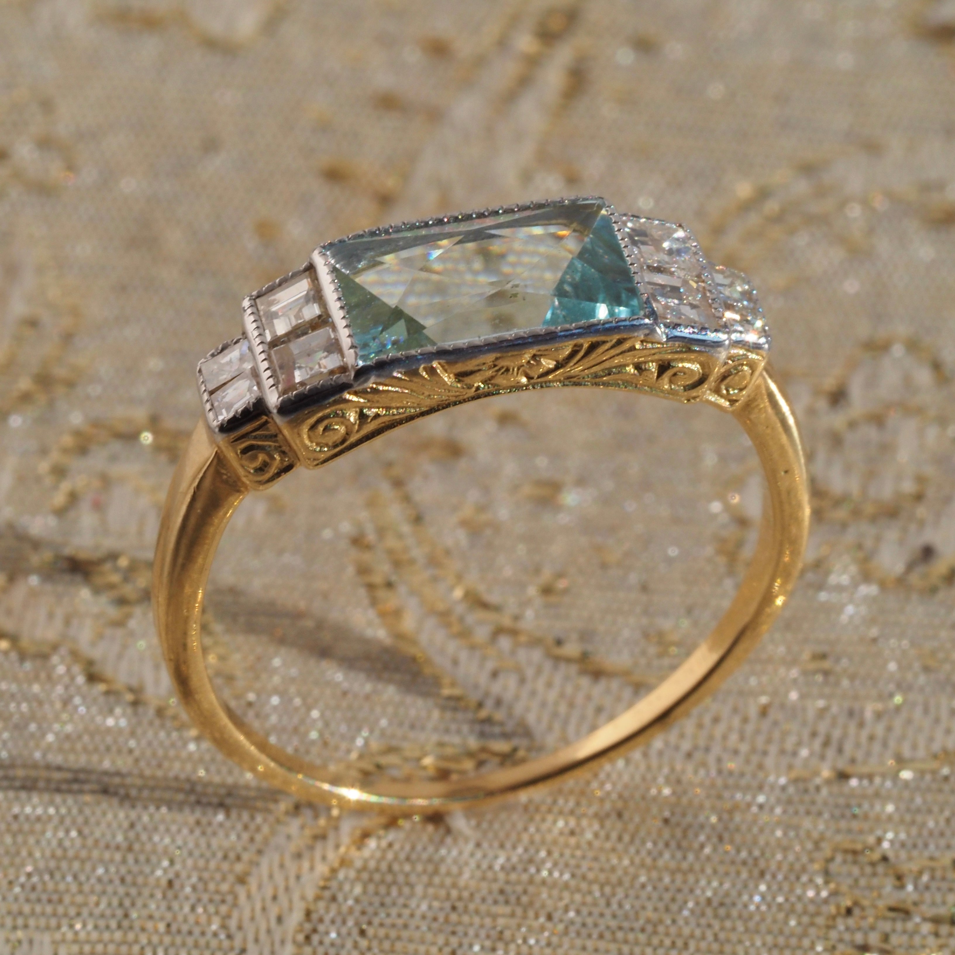 Antique Art Deco English Aquamarine Diamond 18k Gold and Platinum Ring