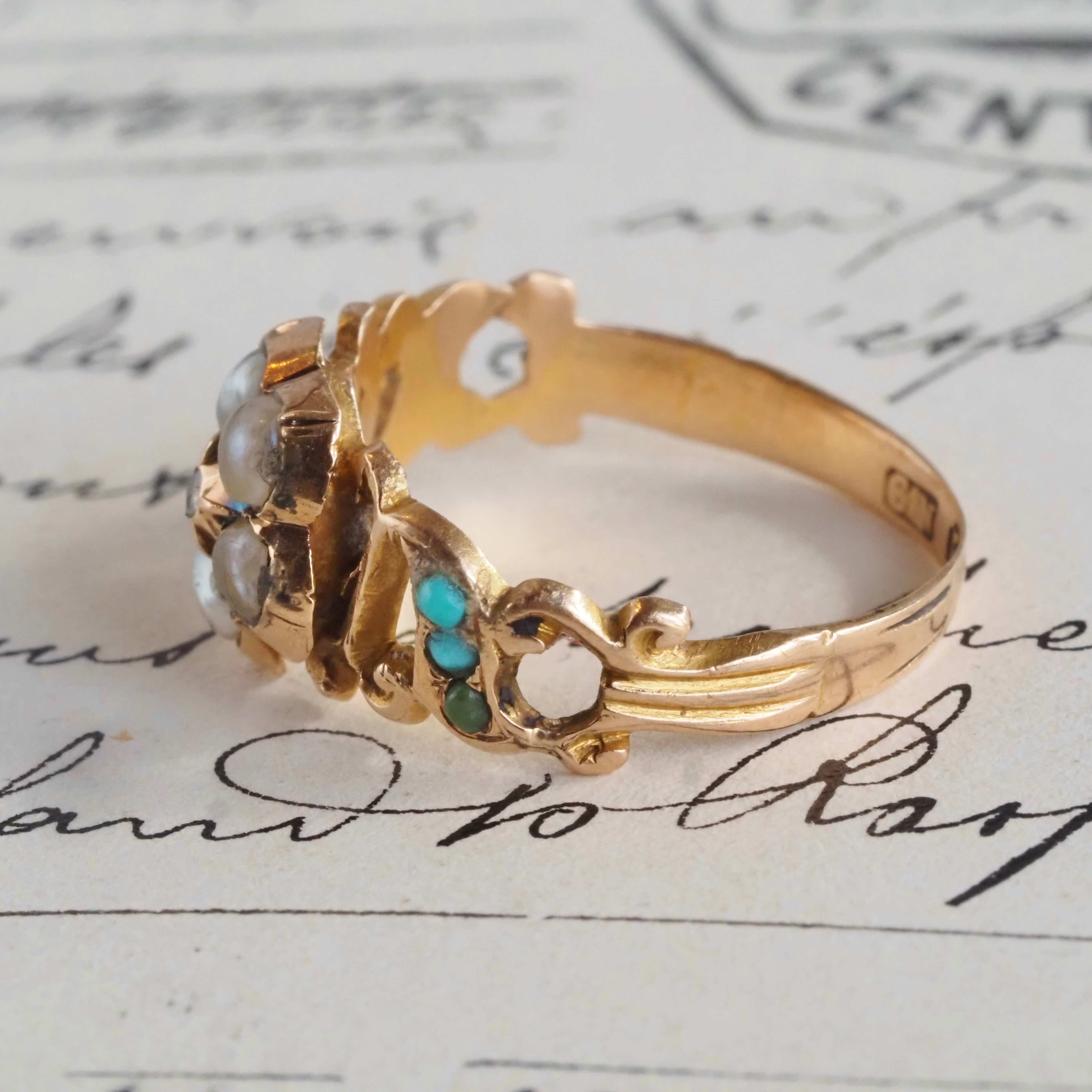 Antique Victorian Pearl Turquoise and Diamond Flower 14k Gold Ring