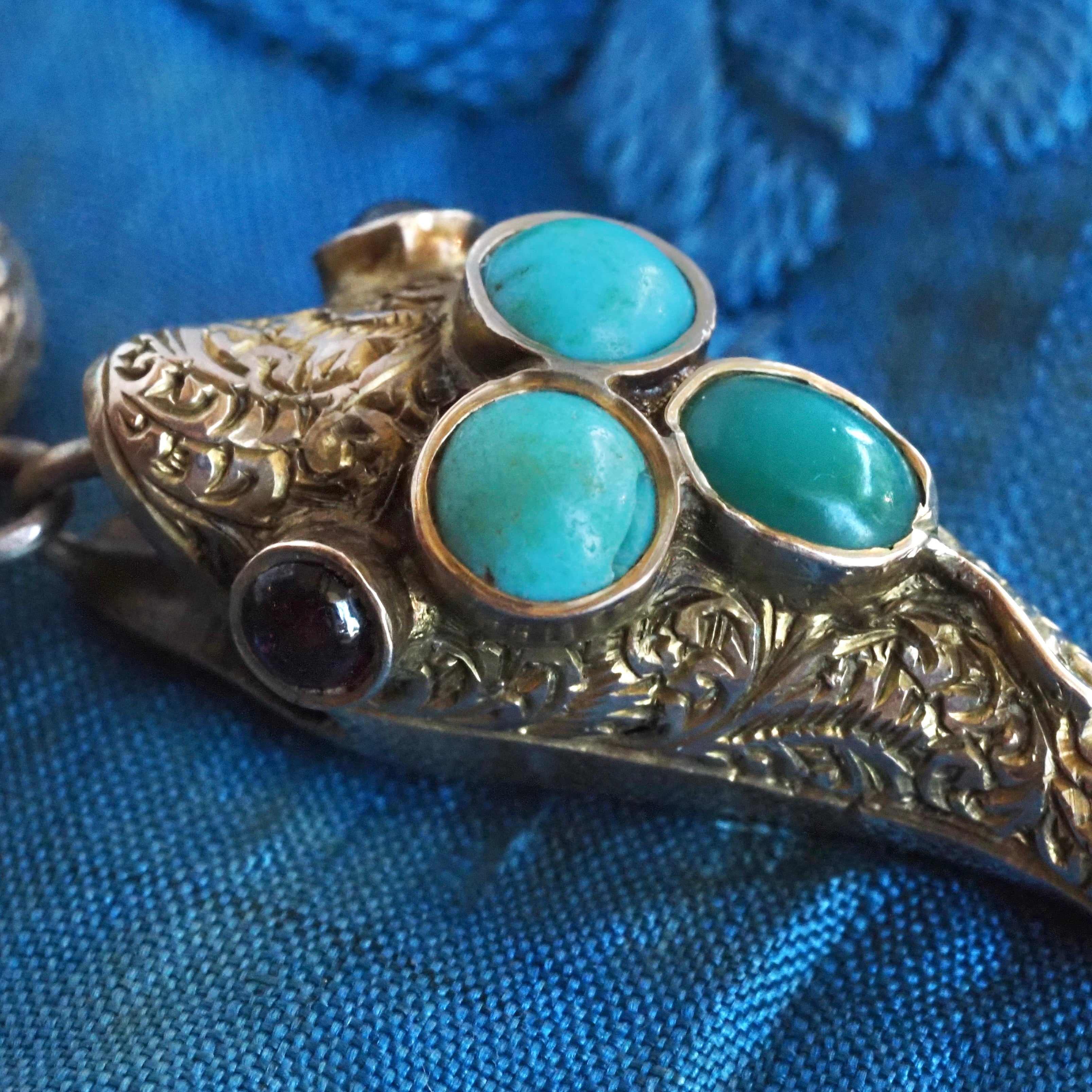 Antique Victorian 9k Gold Turquoise and Garnet Snake Locket Necklace