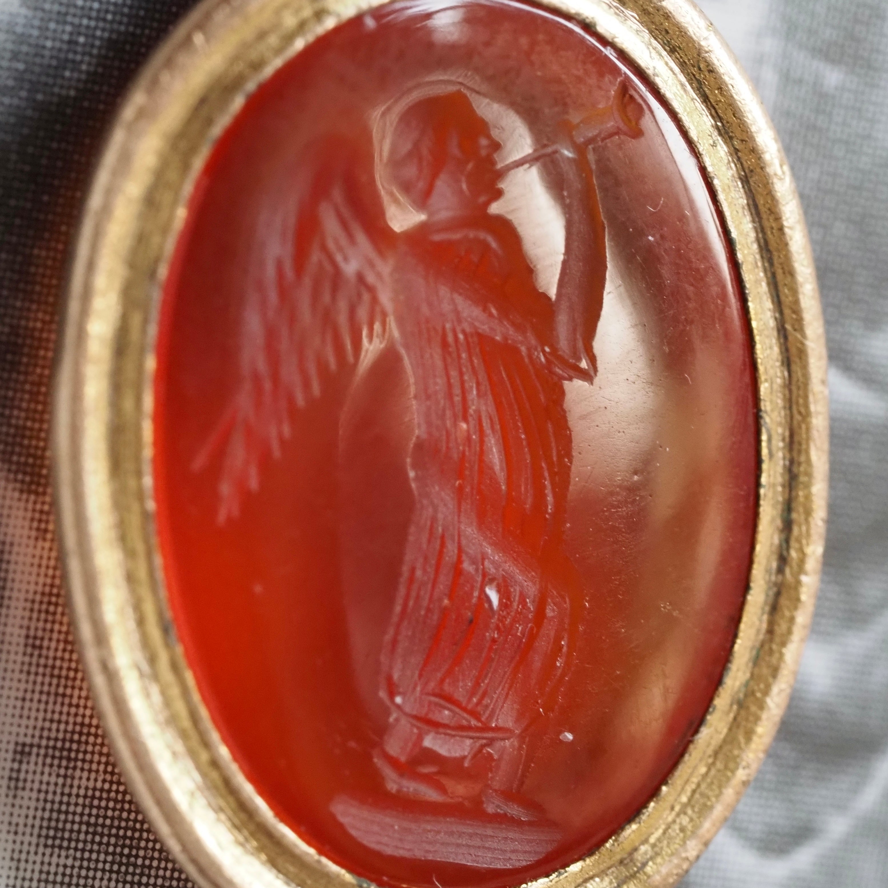 Antique Carnelian Angel Gabriel Intaglio Pendant with Vintage English 9k Gold Chain