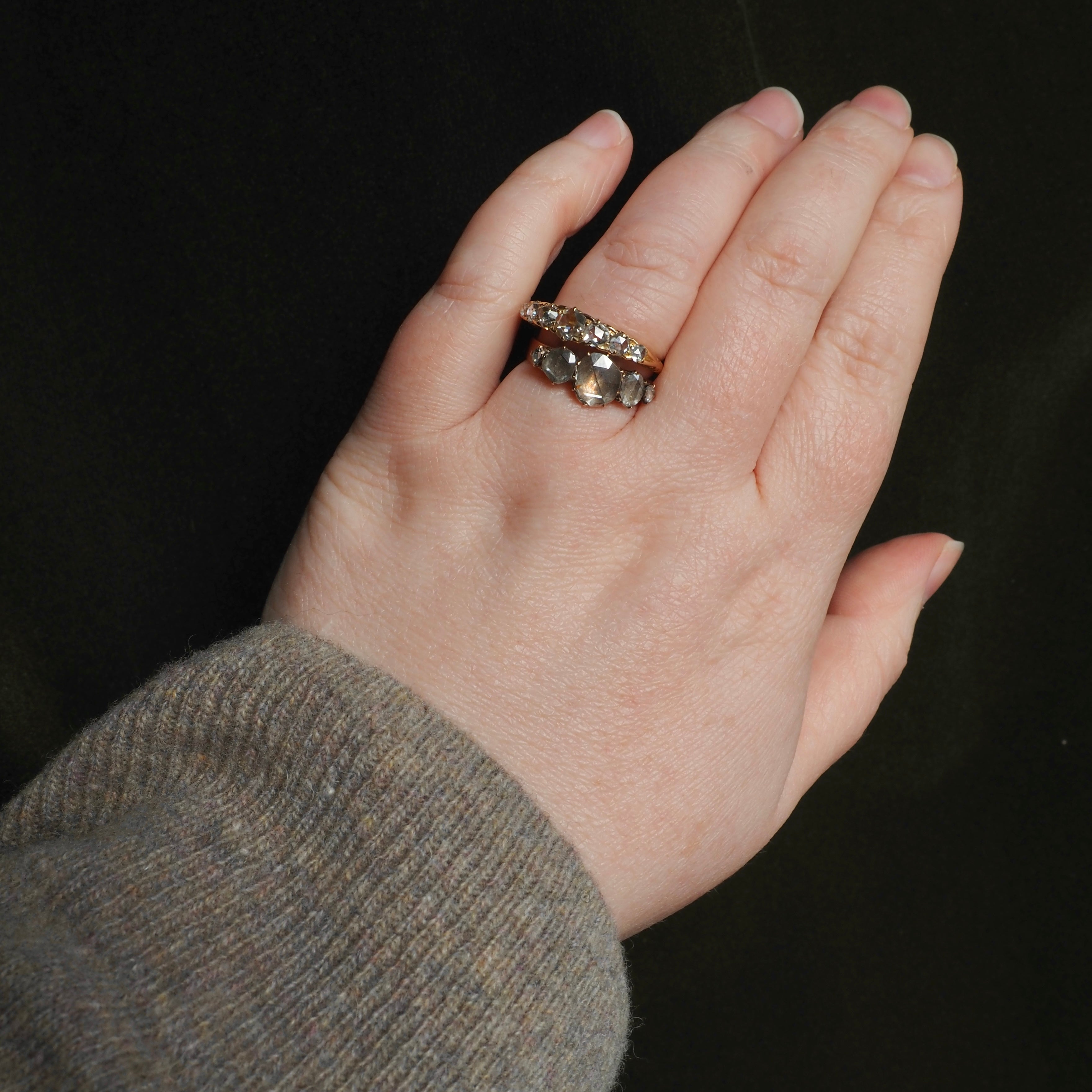 Antique Victorian French Foil Backed Rose Cut Diamond 18k Rose Gold Five Stone Ring