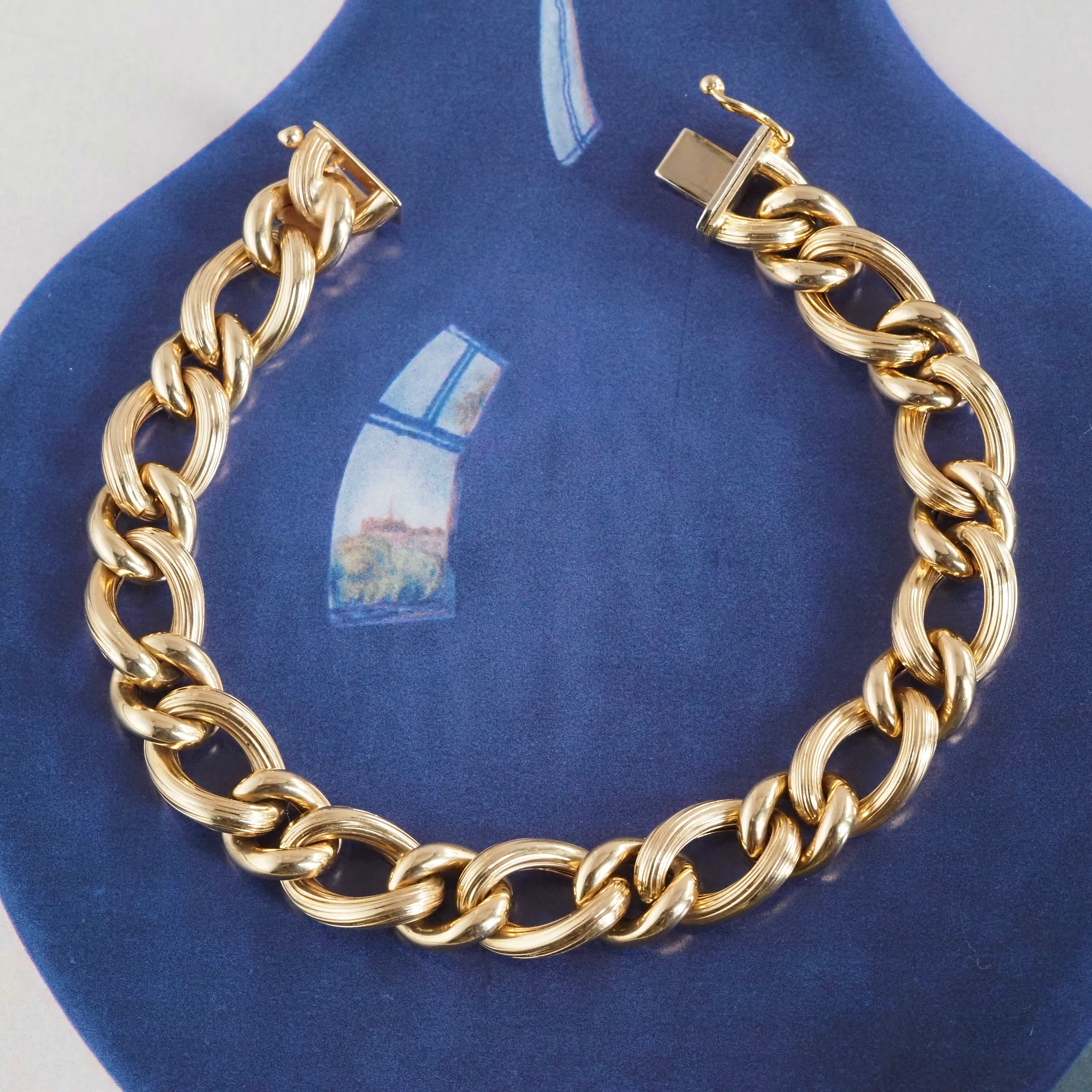 Vintage Italian Alternating Curb Chain Link 14k Gold Bracelet