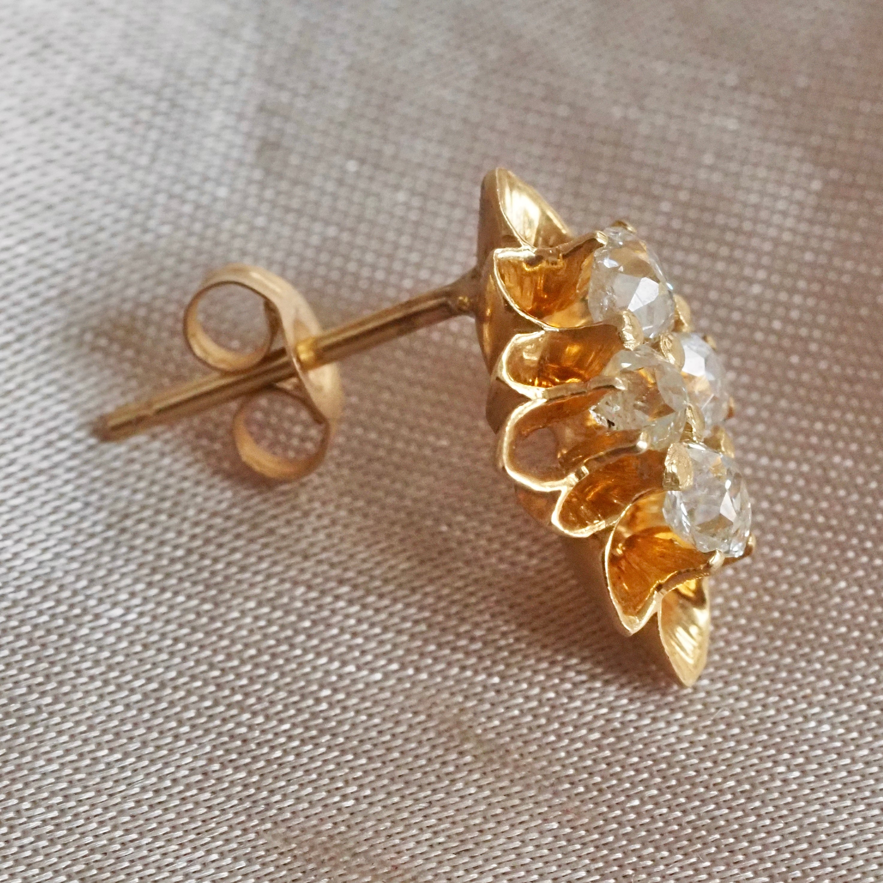 Old Mine Cut Diamond Cluster 14k Gold Stud Earrings