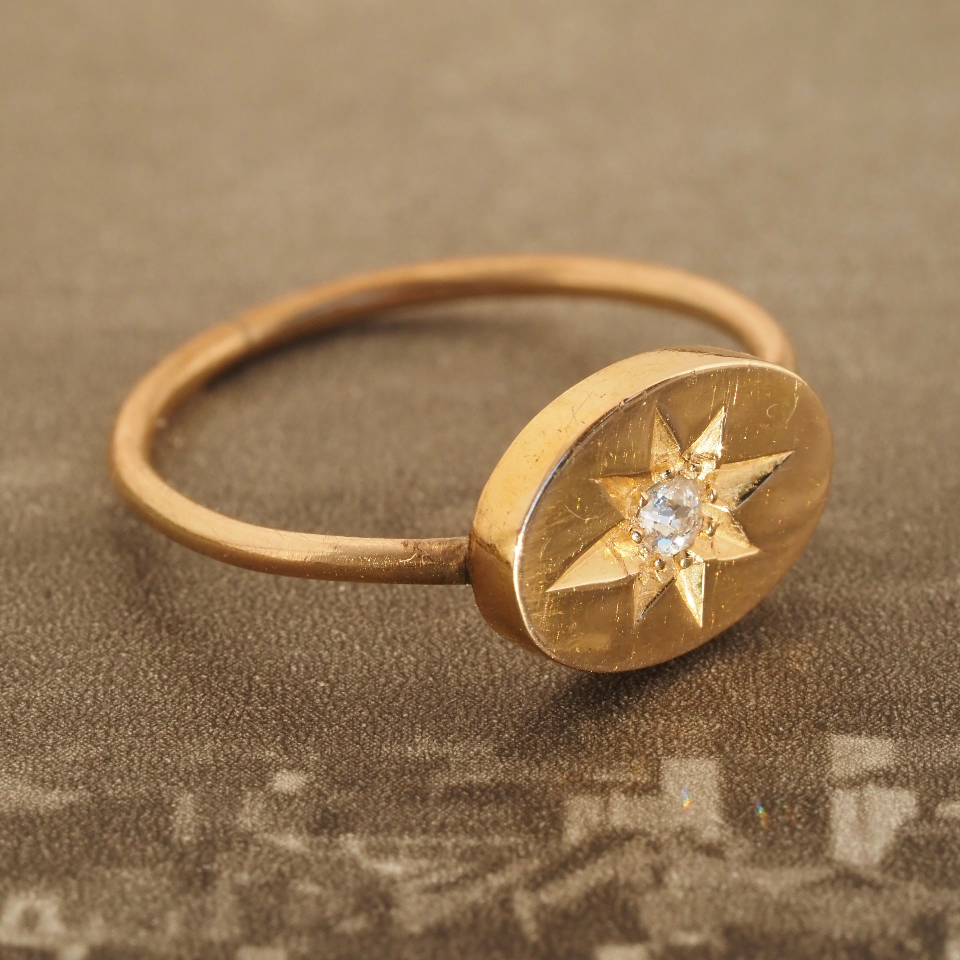 Antique English Old Mine Cut Diamond Starburst 15k Gold Ring