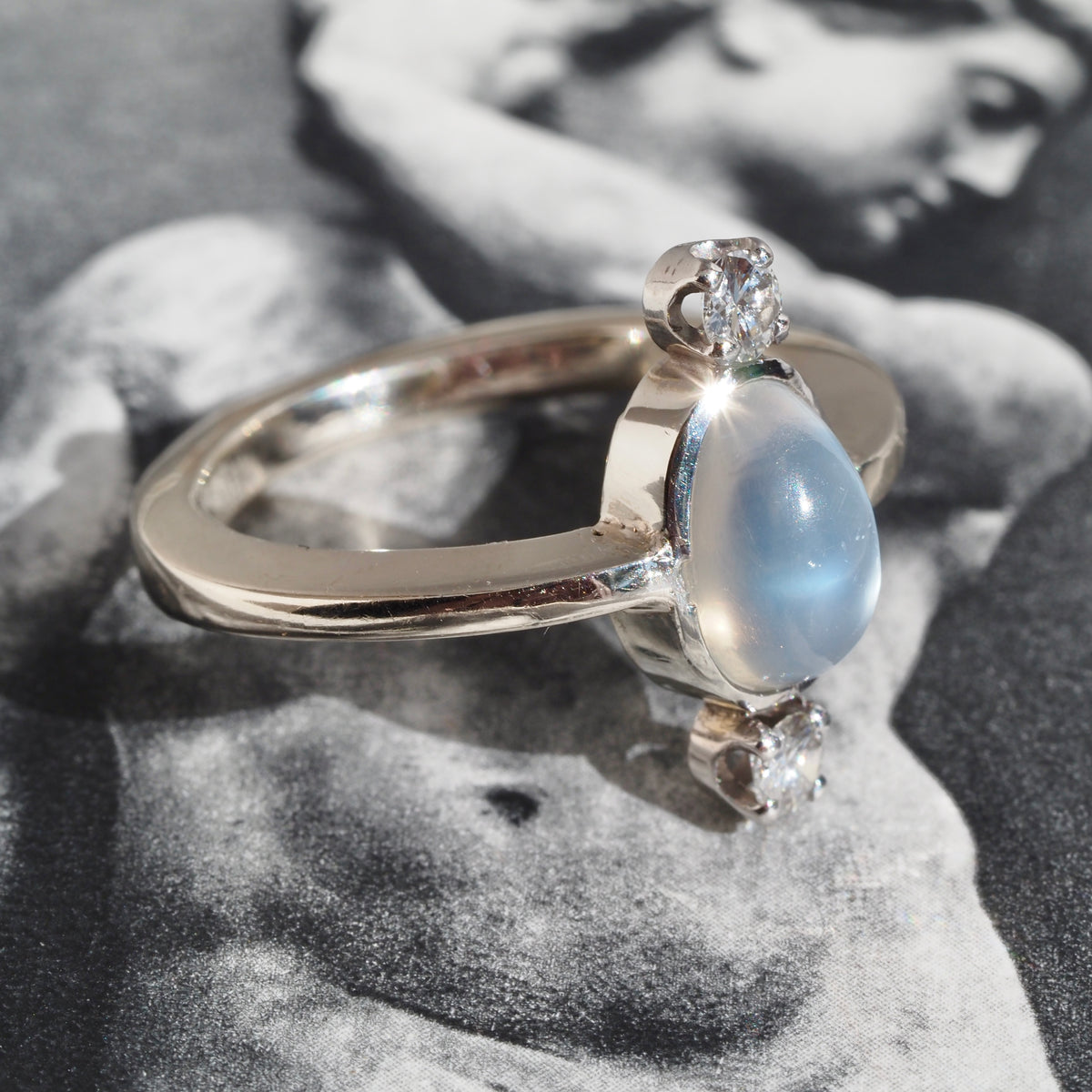 Antique Victorian Moonstone Diamond Palladium and 14k White Gold Ring