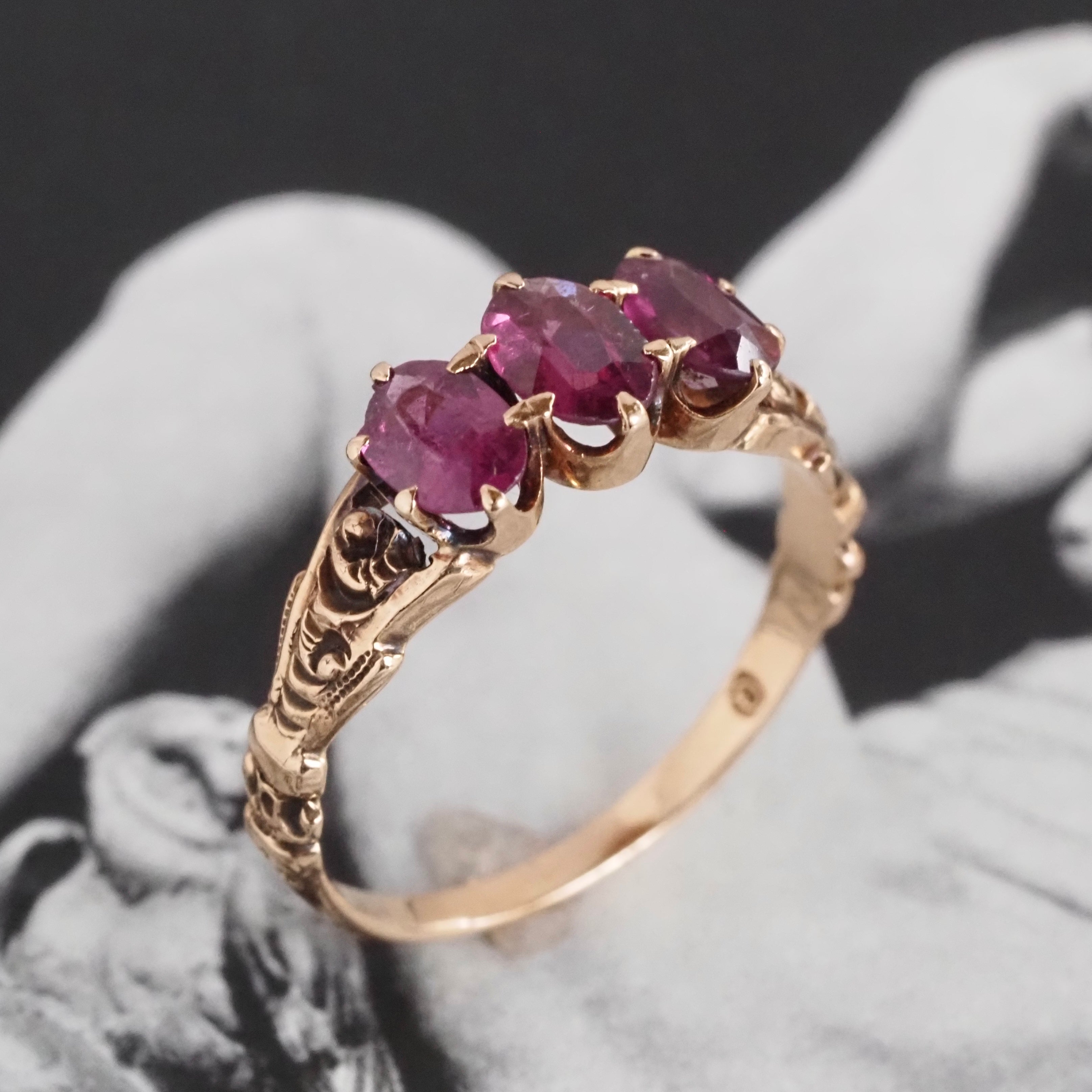Antique Victorian Rubellite Tourmaline Trilogy 10k Gold Ring