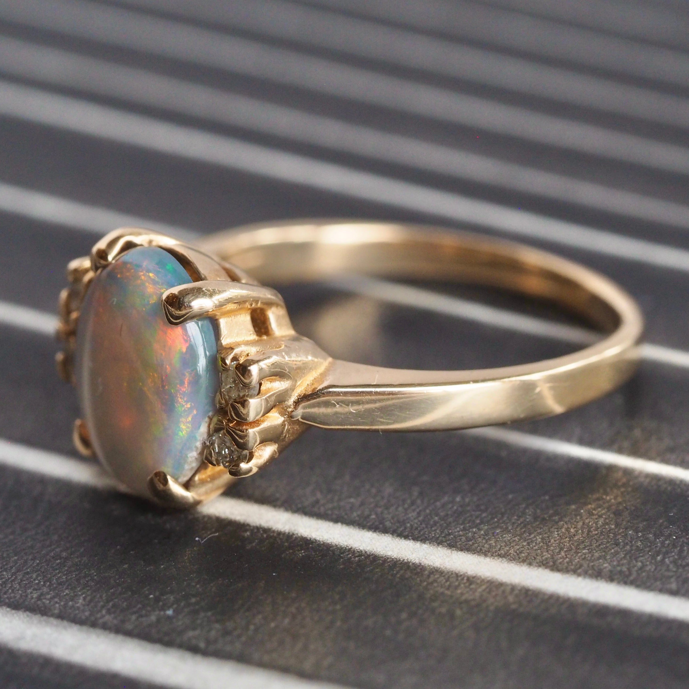 Vintage 14k Gold Black Opal and Diamond Ring