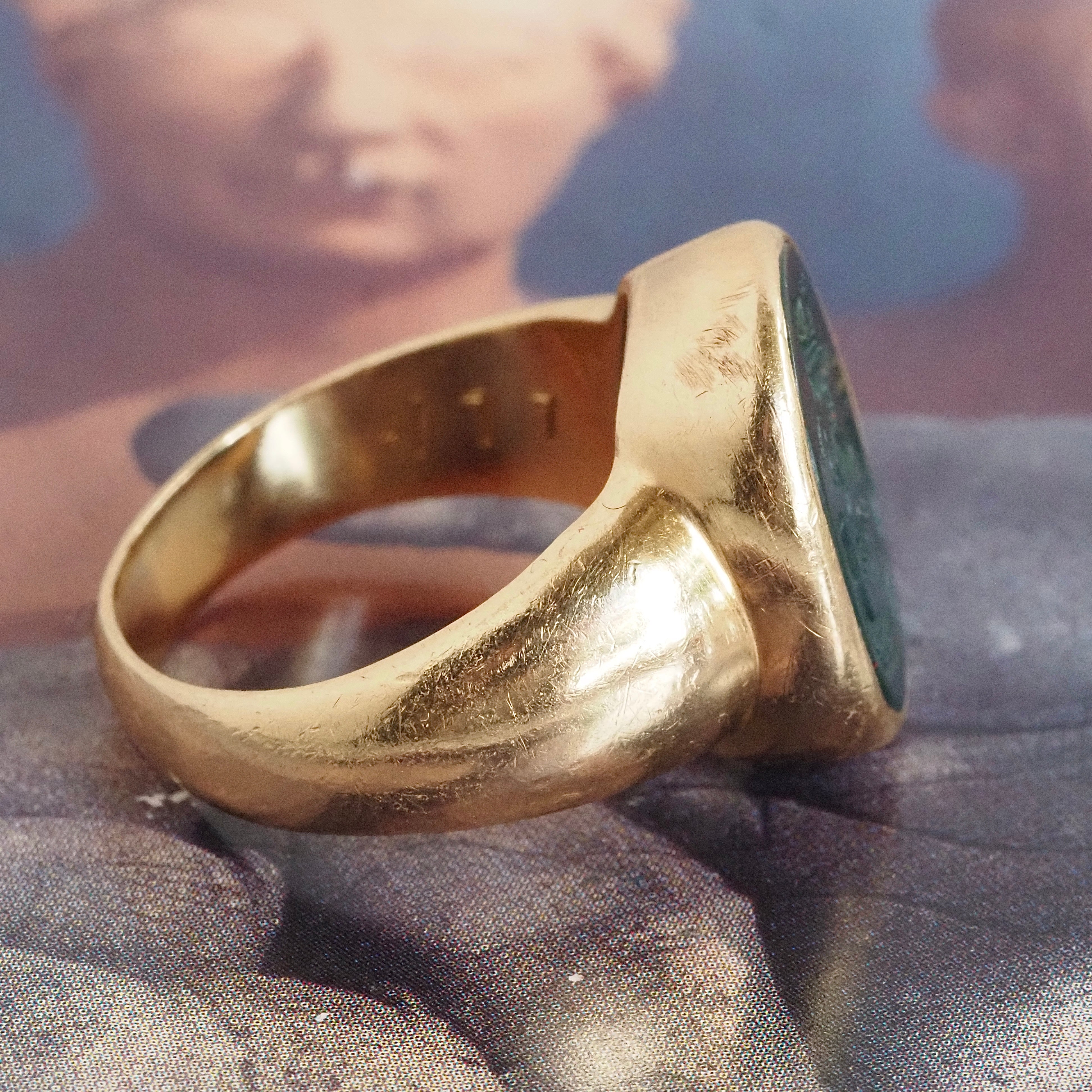 Antique Bloodstone Lion "Verus Fidelis" Intaglio 14k Gold Signet Ring