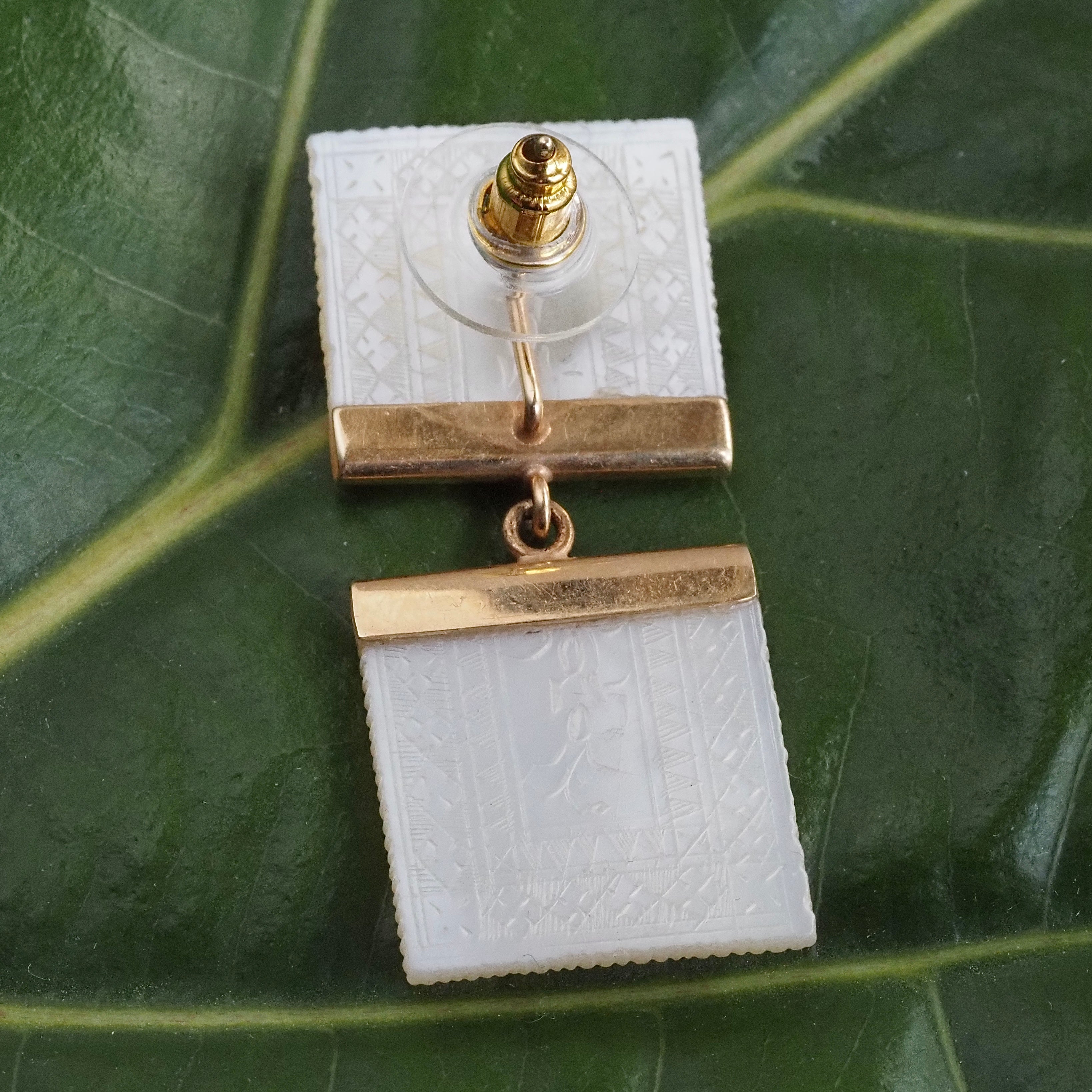 Antique Chinese Mother of Pearl Gambling Chip 14k Gold Earrings