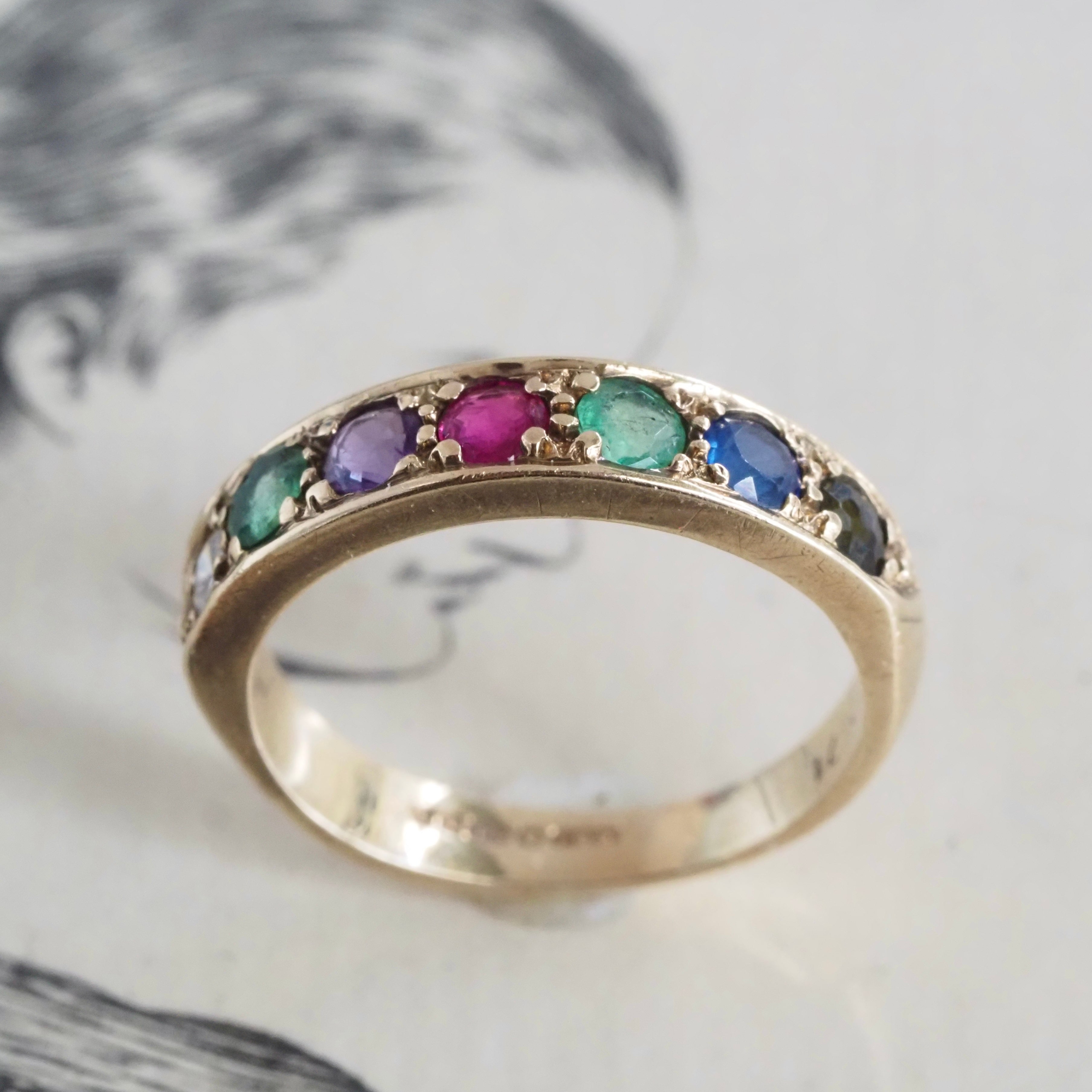 Antique c. 1938 English “Dearest” Acrostic 10k Gold Ring