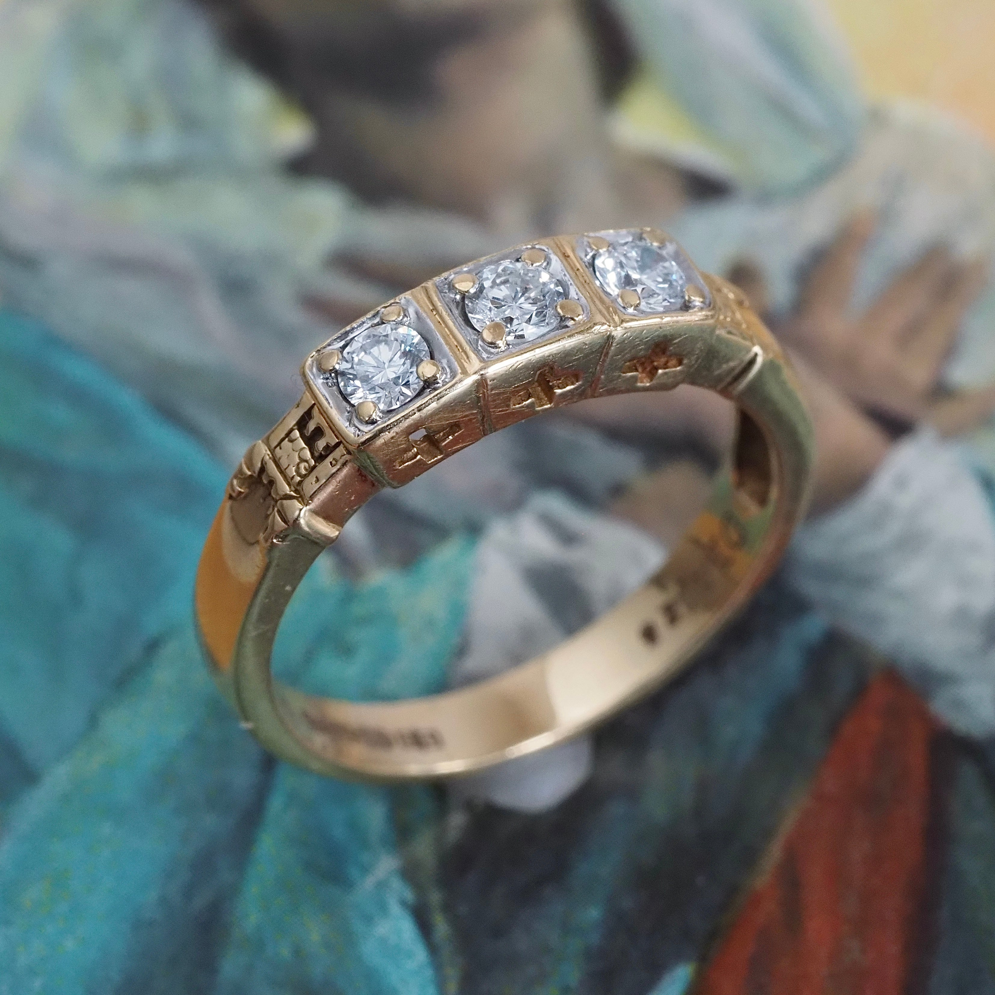 Vintage English Diamond Trilogy 18k Gold Castle Ring