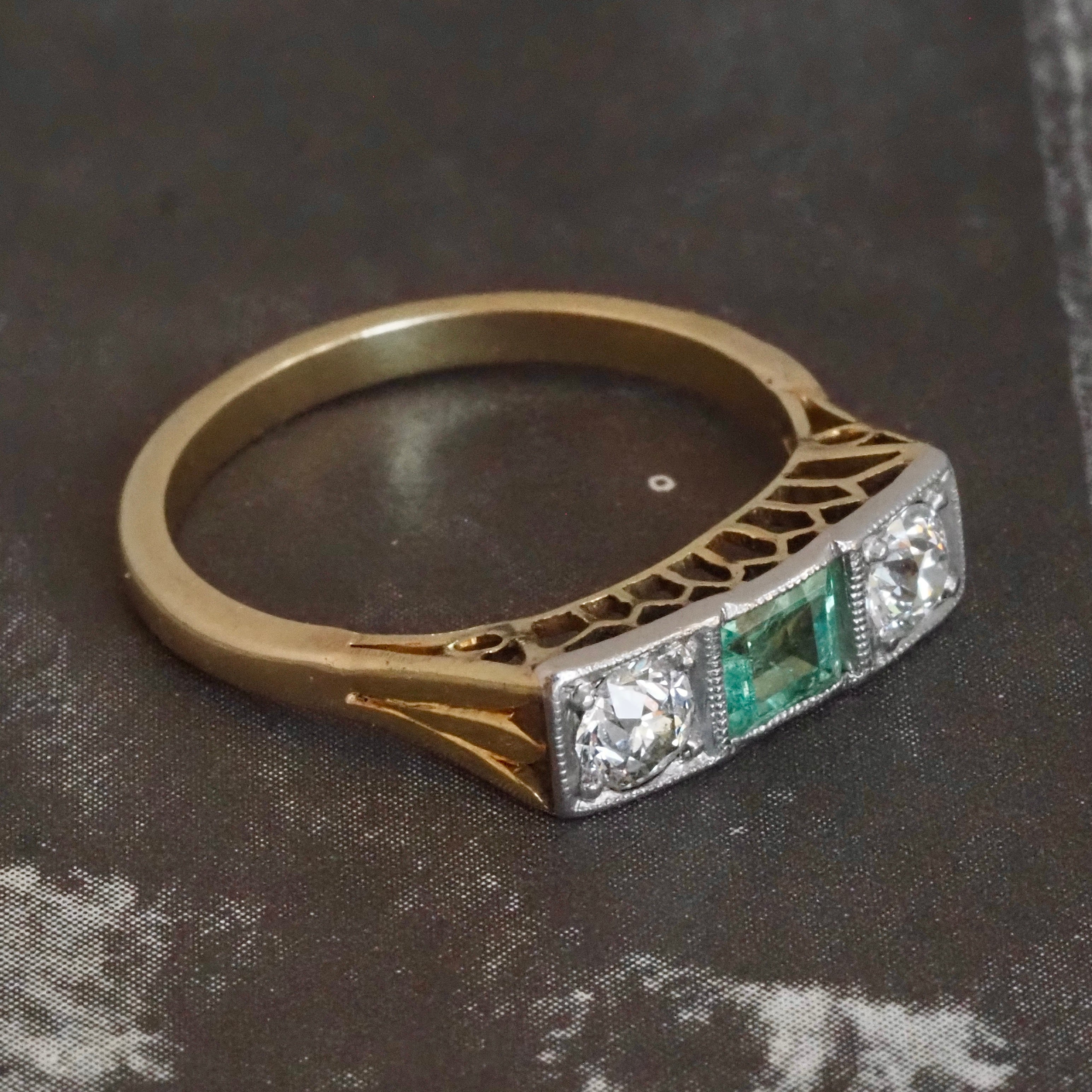Antique Art Deco Trilogy Emerald and Old European Cut Diamond 14k Gold Ring