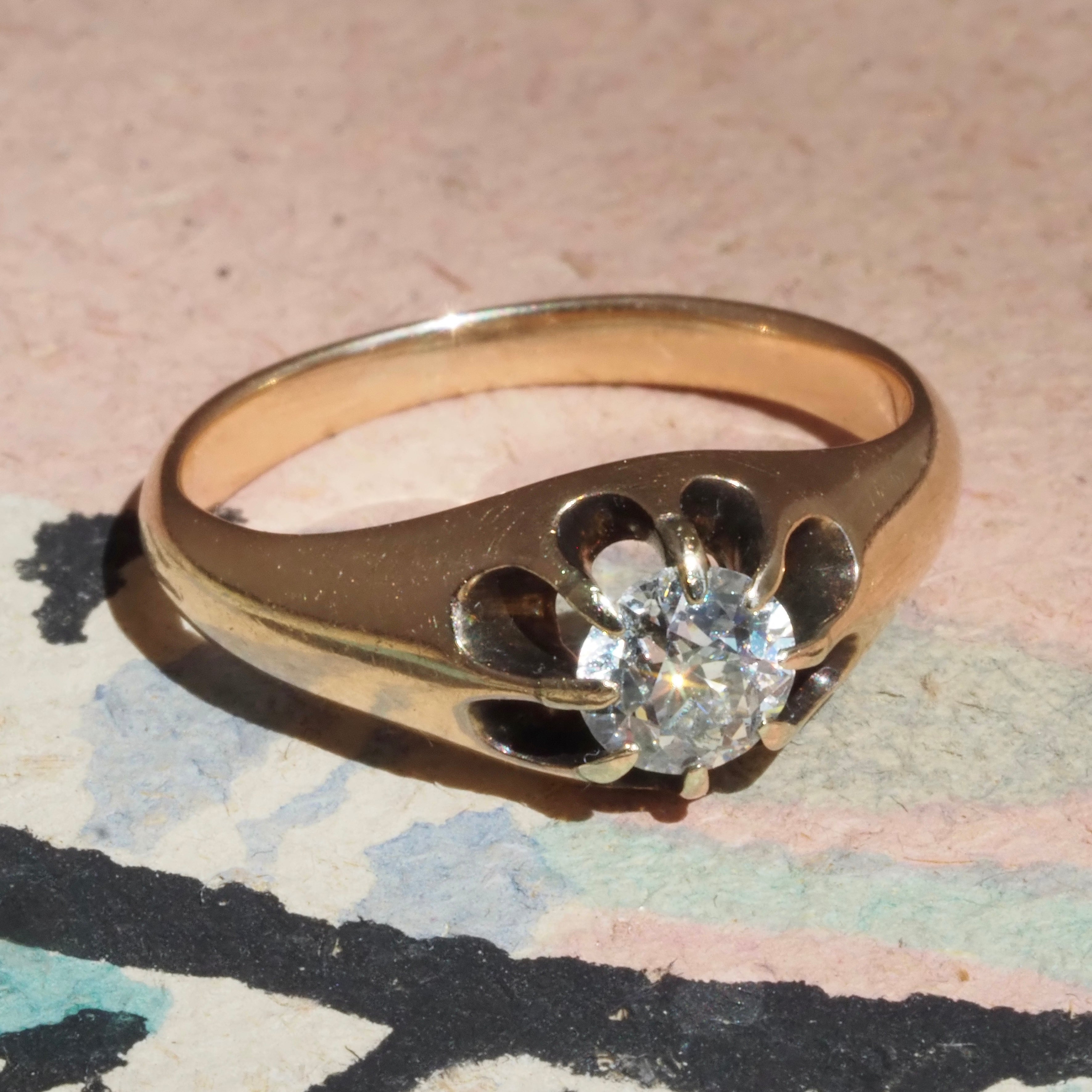 Antique Old European Cut Diamond Belcher Set 14k Gold Engagement Ring