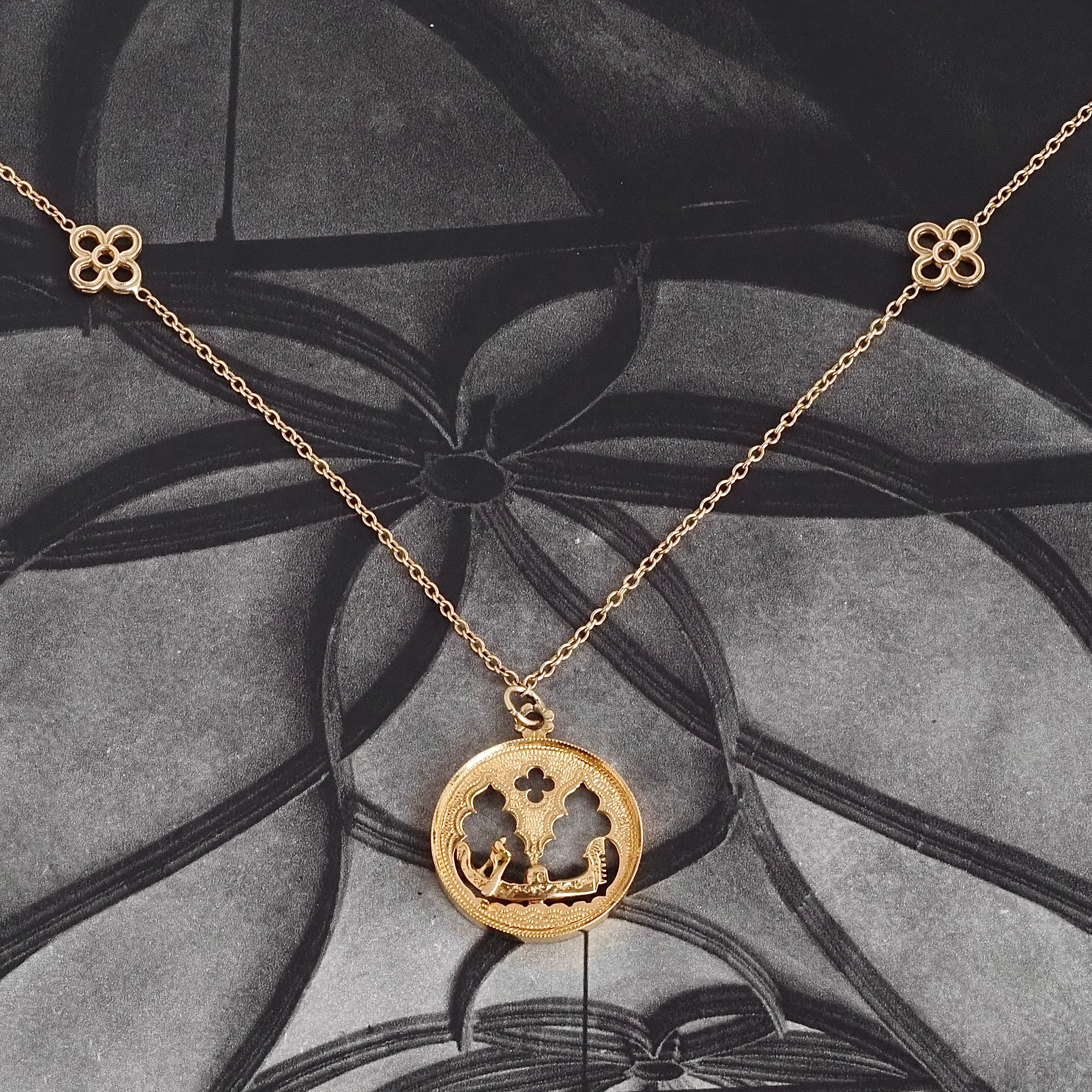 Vintage Venetian Cutout 18k Gold Pendant and Matching Quatrefoil Station Link 14k Gold Chain Necklace