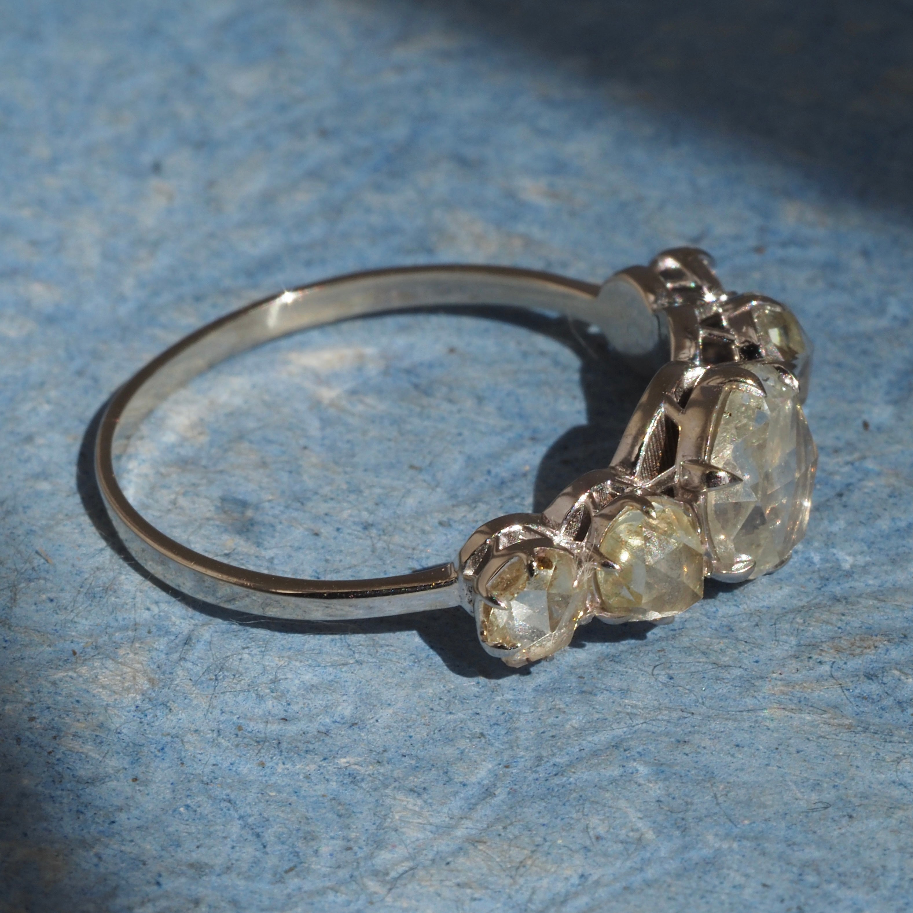 Rose Cut Diamond Five Stone 14k White Gold Engagement Ring