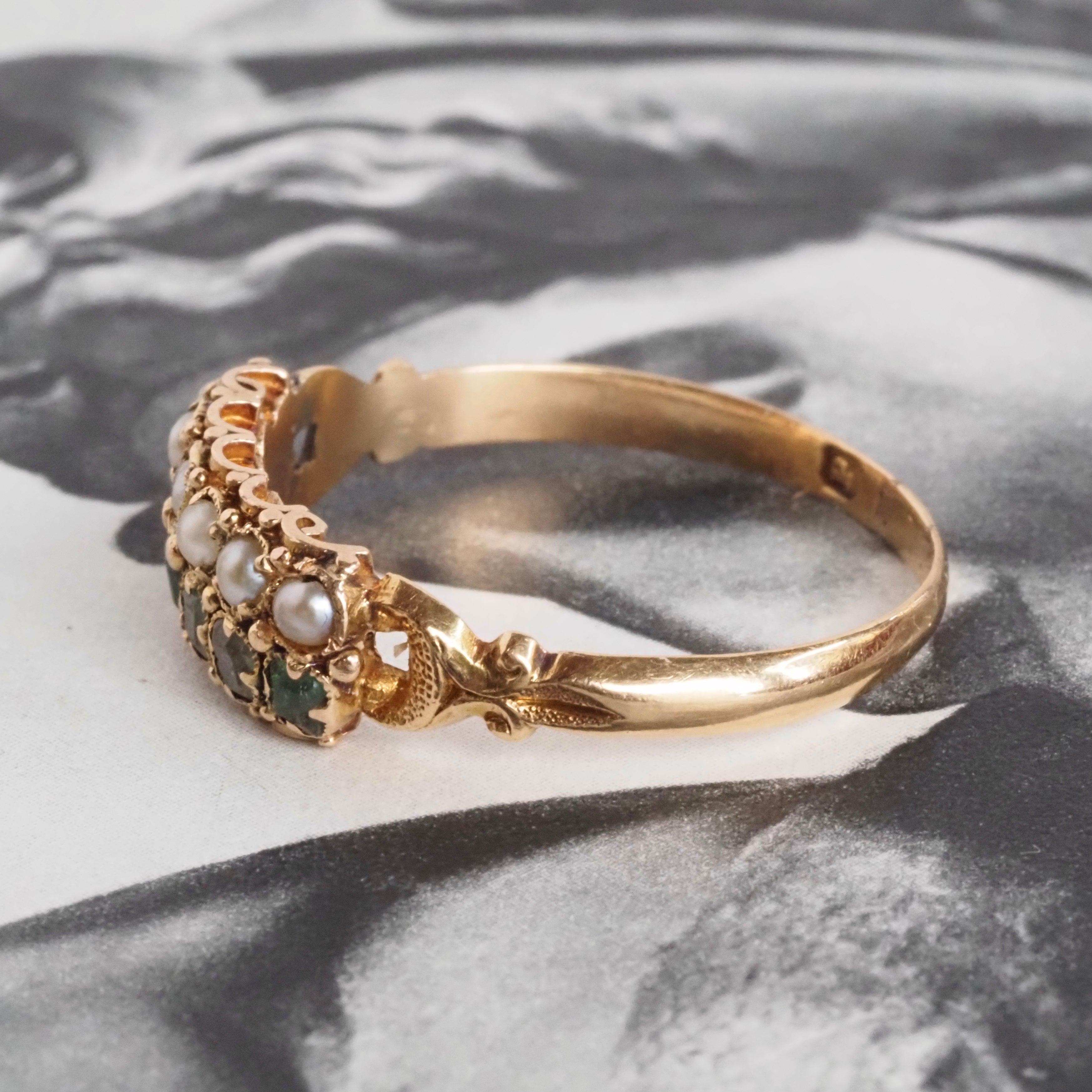 Antique English Victorian Emerald and Paste Seed Pearl 18k Gold Ring