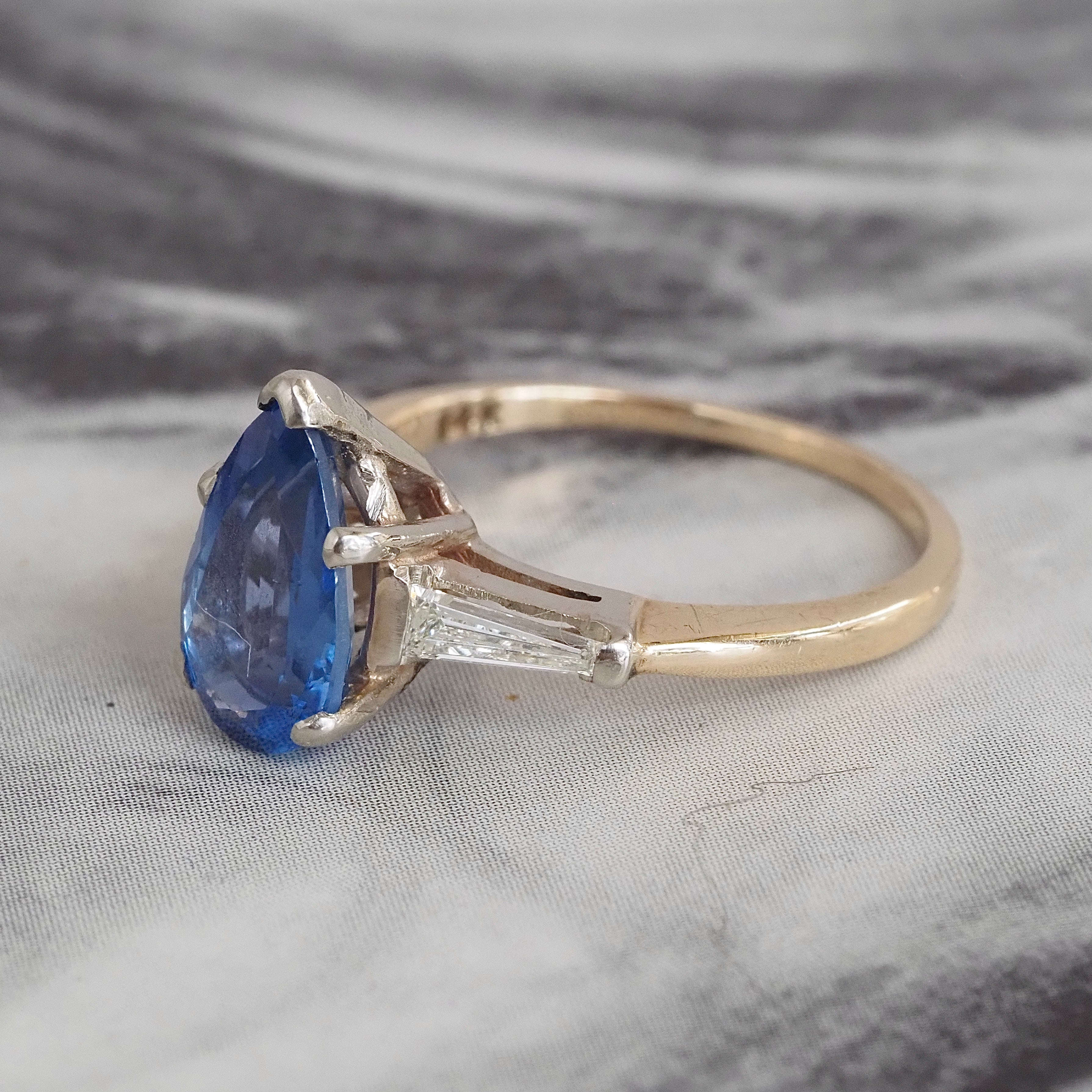 Vintage Pear Sapphire and Tapered Baguette Diamond 14k Gold Ring