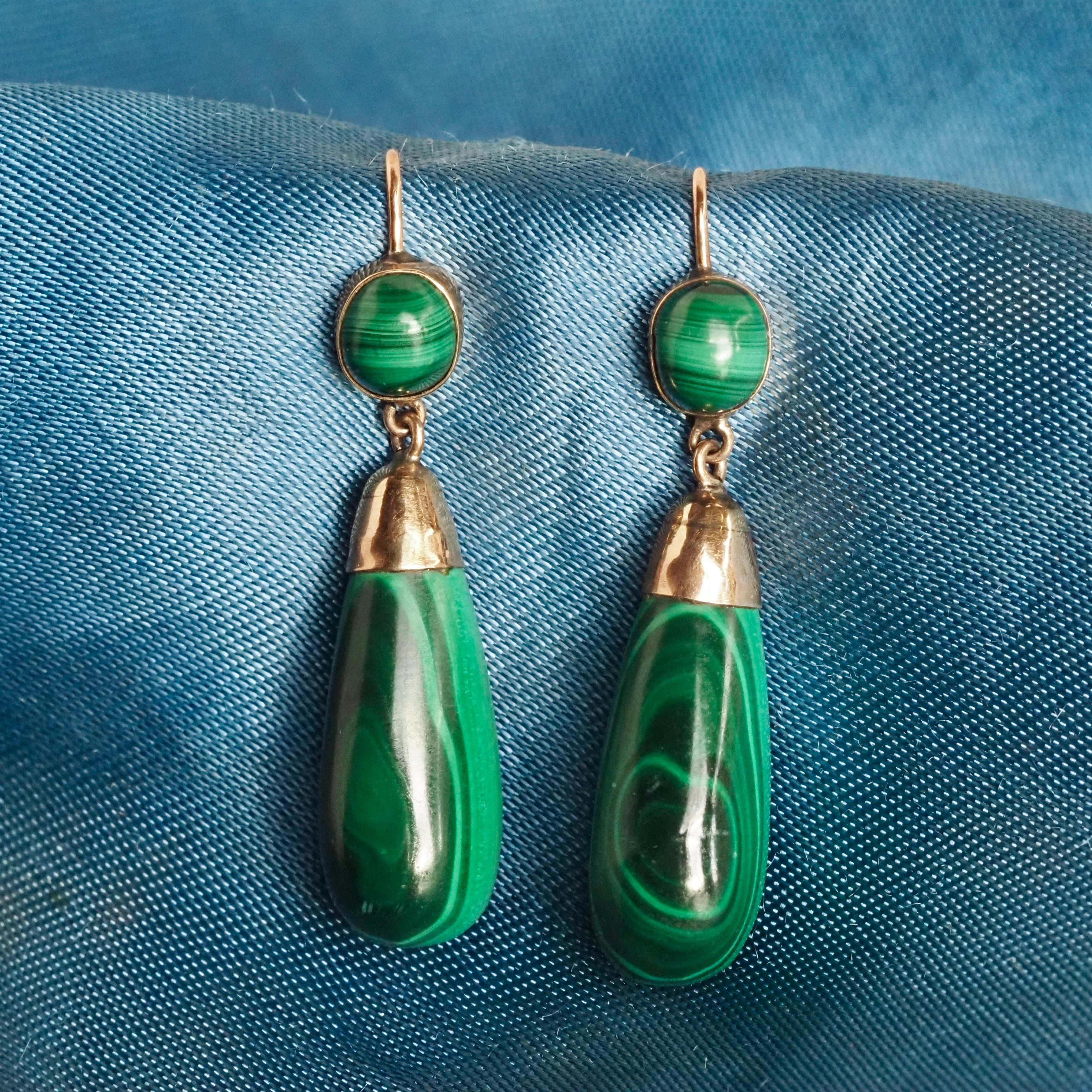 Antique Victorian Malachite 9k Gold Earrings