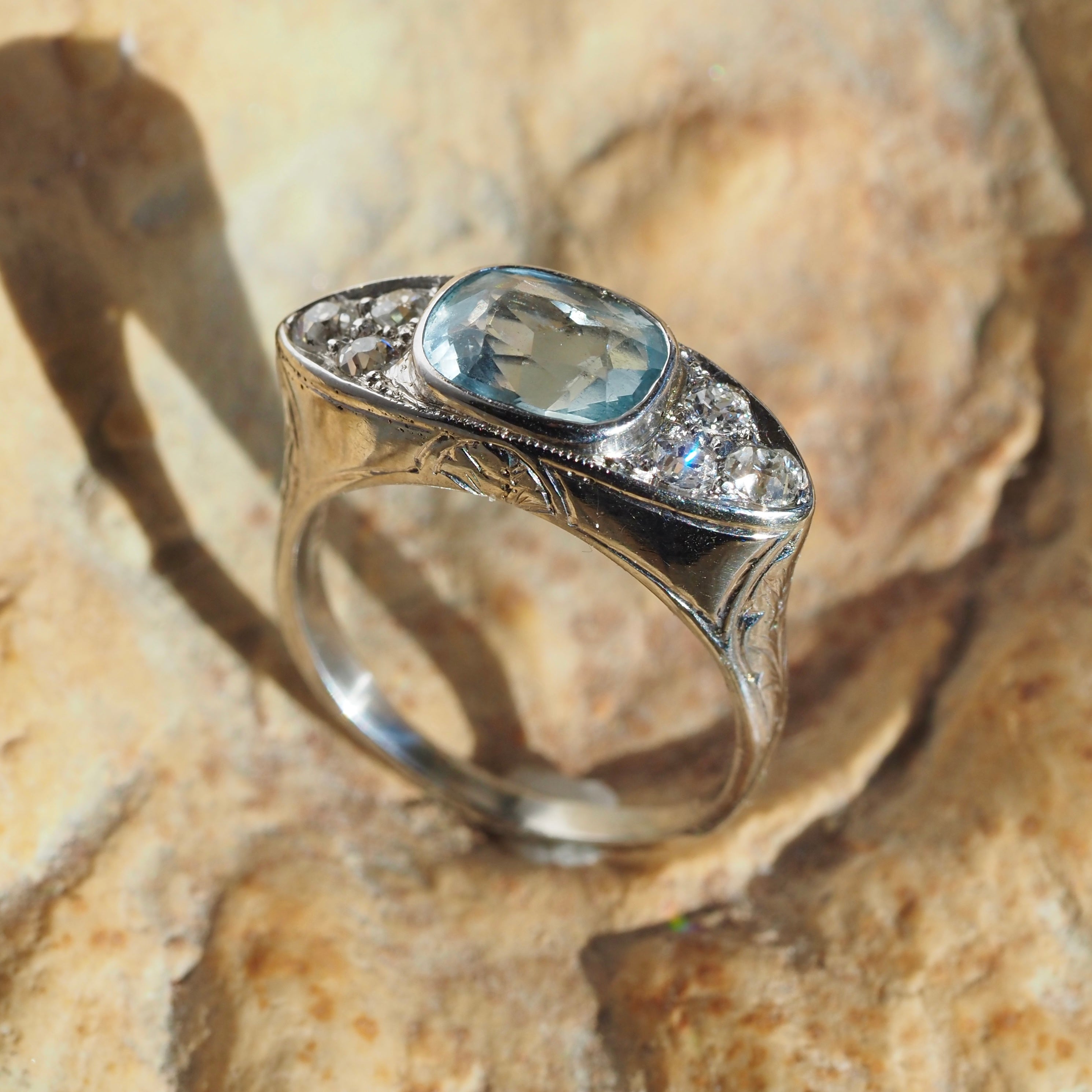 Art Deco Aquamarine Old Mine Cut Diamond Palladium Eye Ring