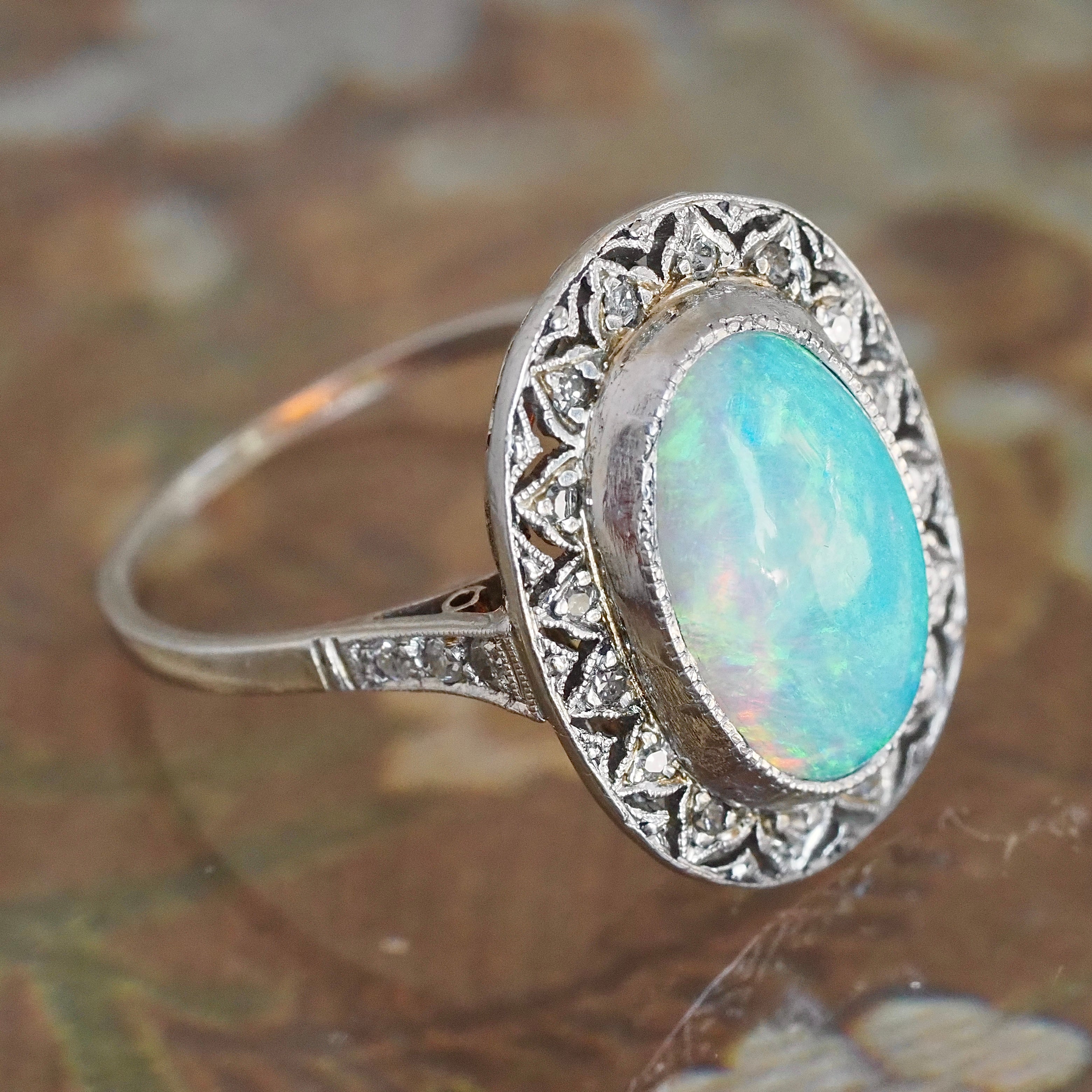 Vintage Art Deco Style Platinum Opal and Diamond Halo Ring