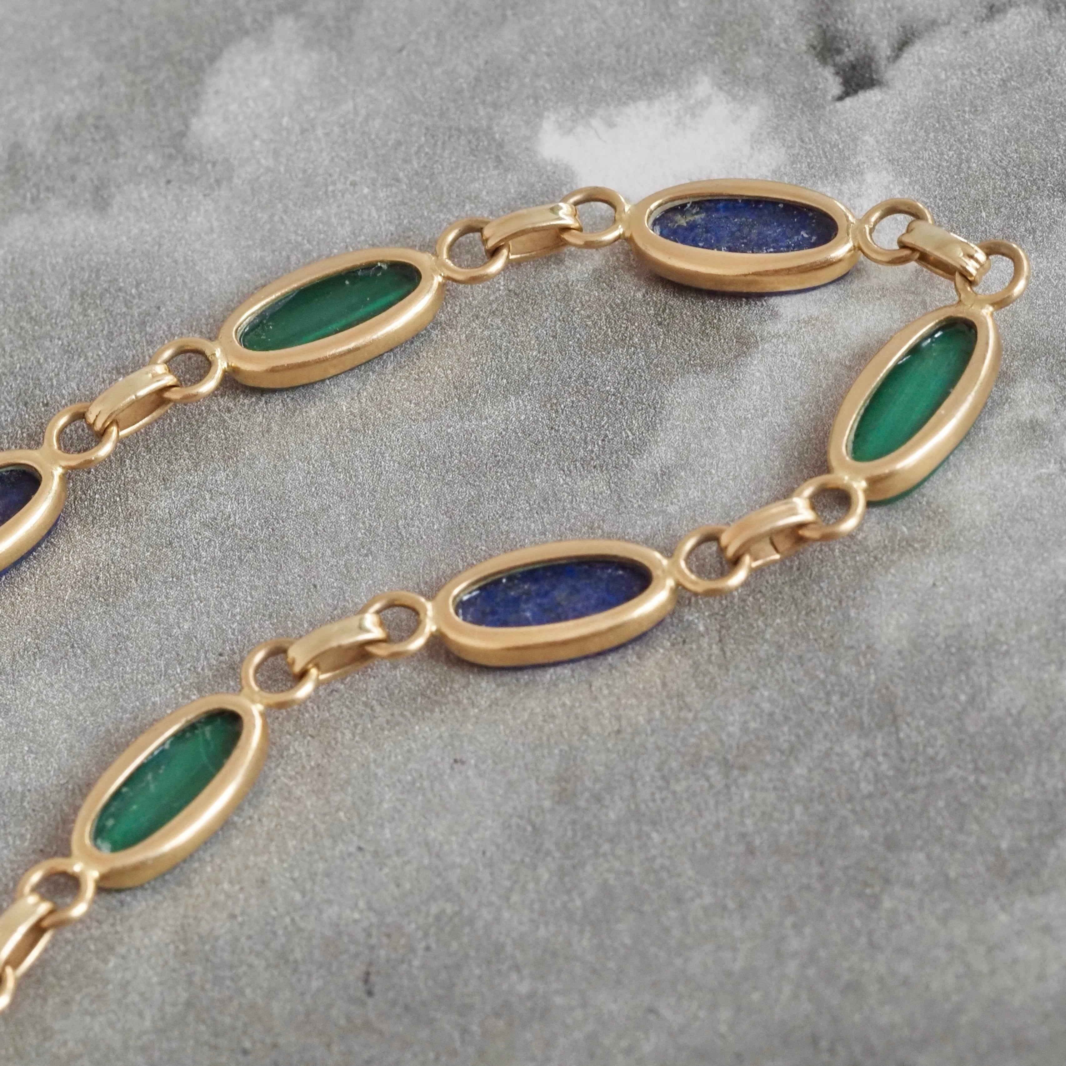 Vintage Lapis and Malachite 14k Gold Bracelet