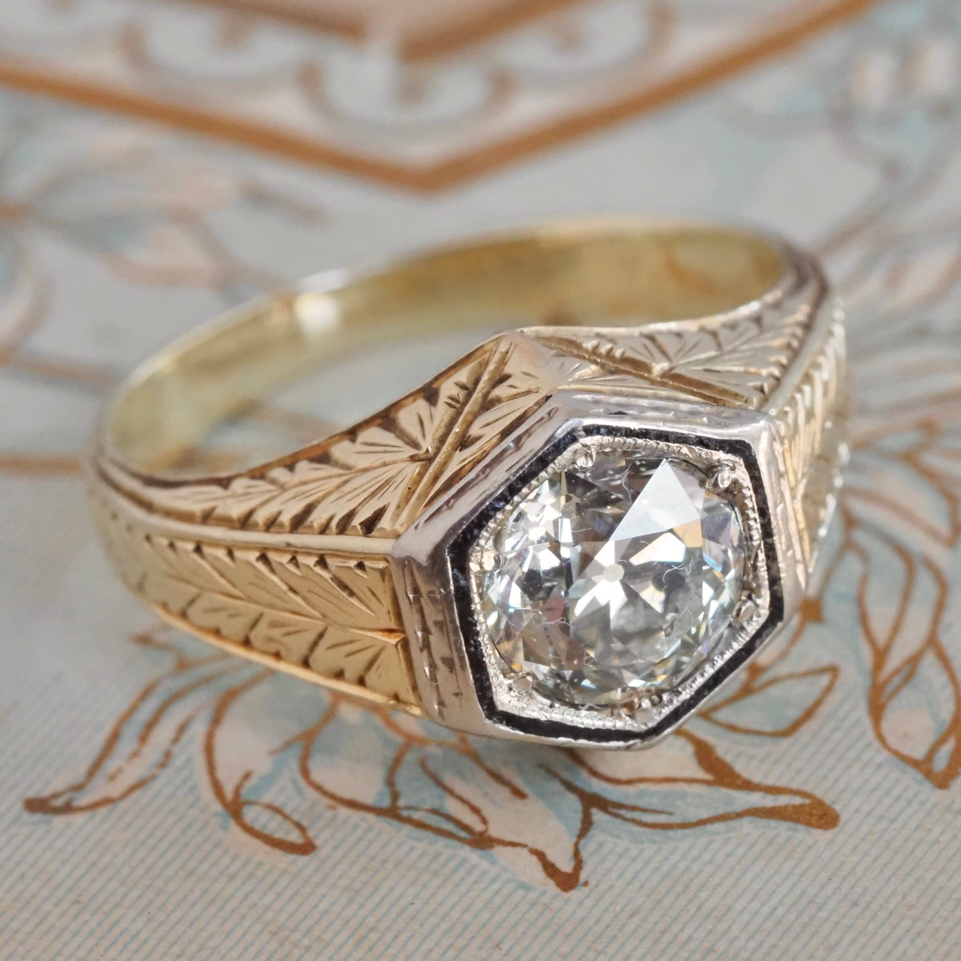 Art Deco 14k Gold Enamel Old European Cut Diamond Engagement Ring