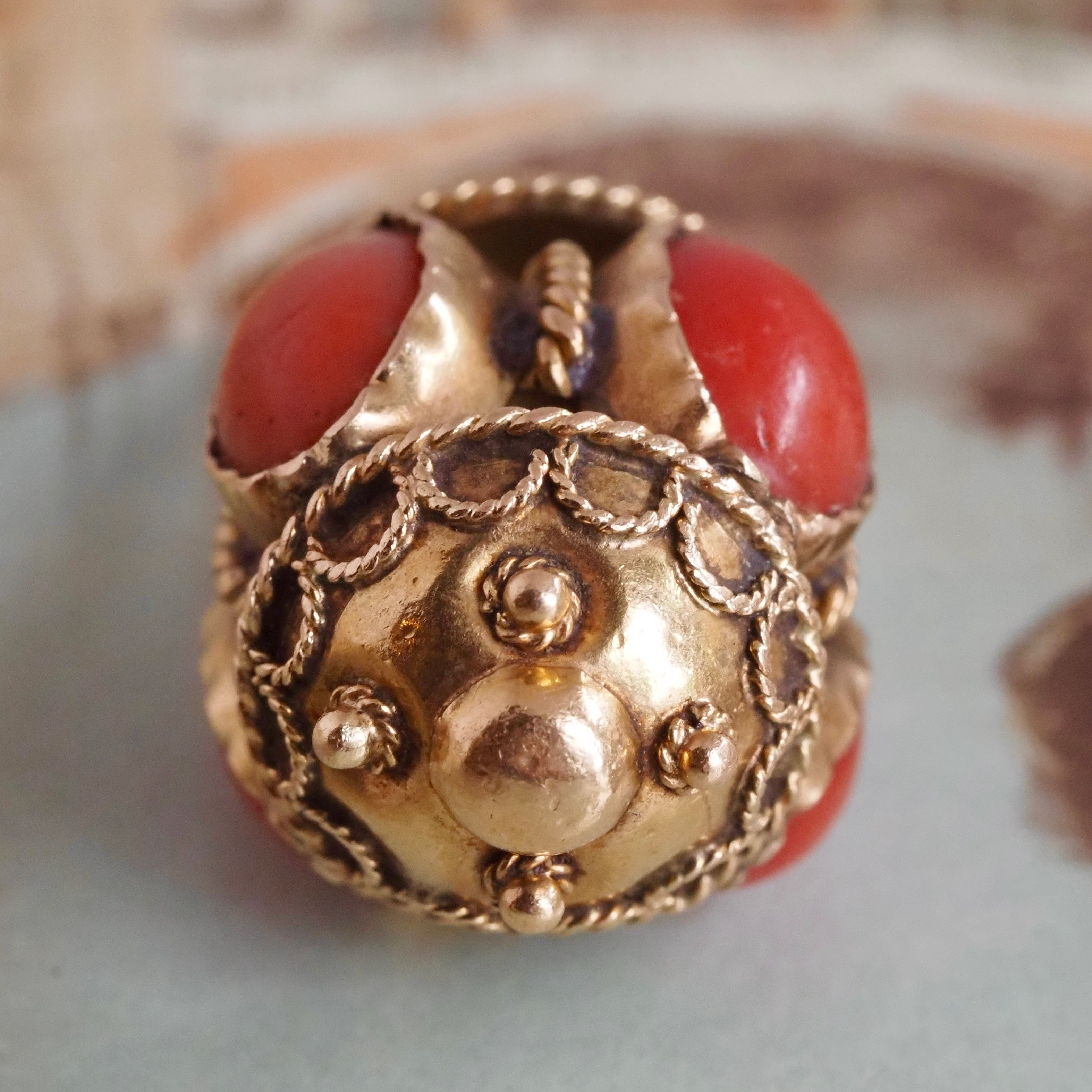 Antique Victorian Etruscan Revival Coral 18k Gold Pendant