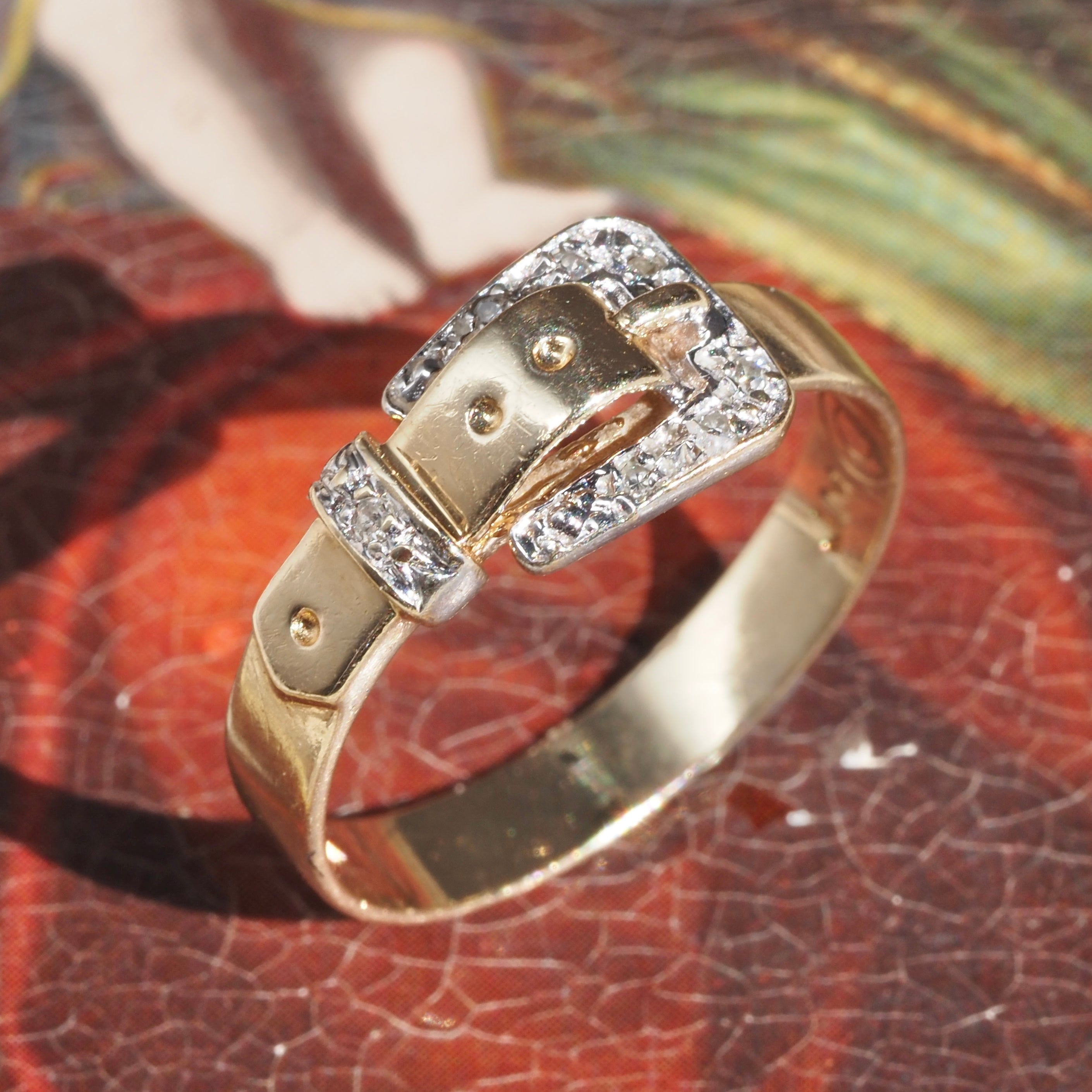 Mid-Century Diamond Belt Buckle 10k Gold Ring
