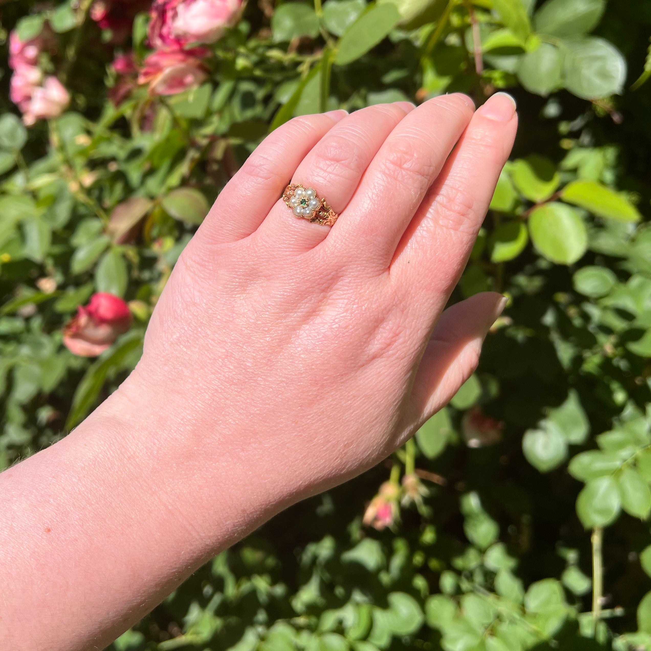 Antique Georgian Seed Pearl and Green Paste Flower Engraved Mourning Ring