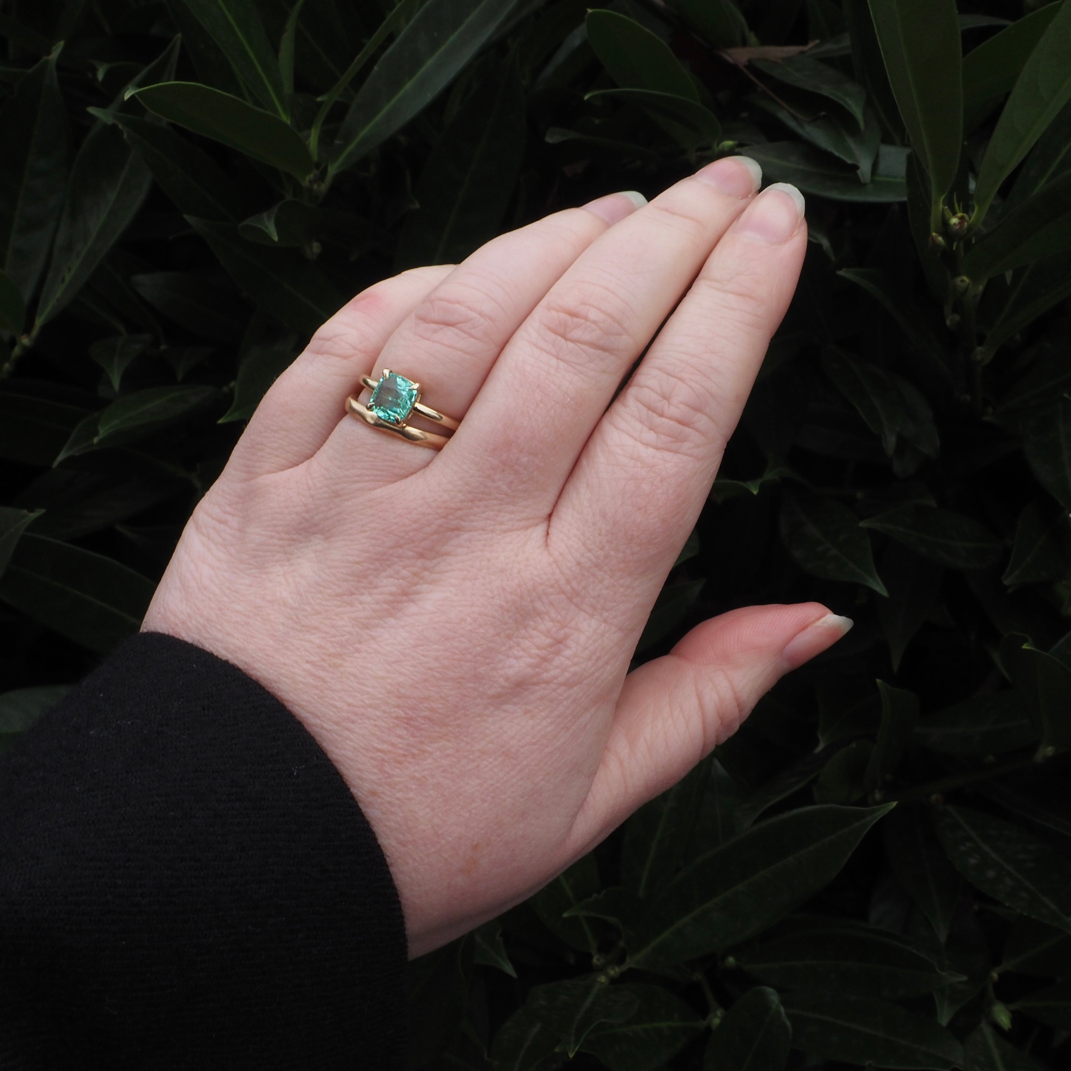 Minty Square Cushion Cut Emerald 14k Gold Solitaire Ring