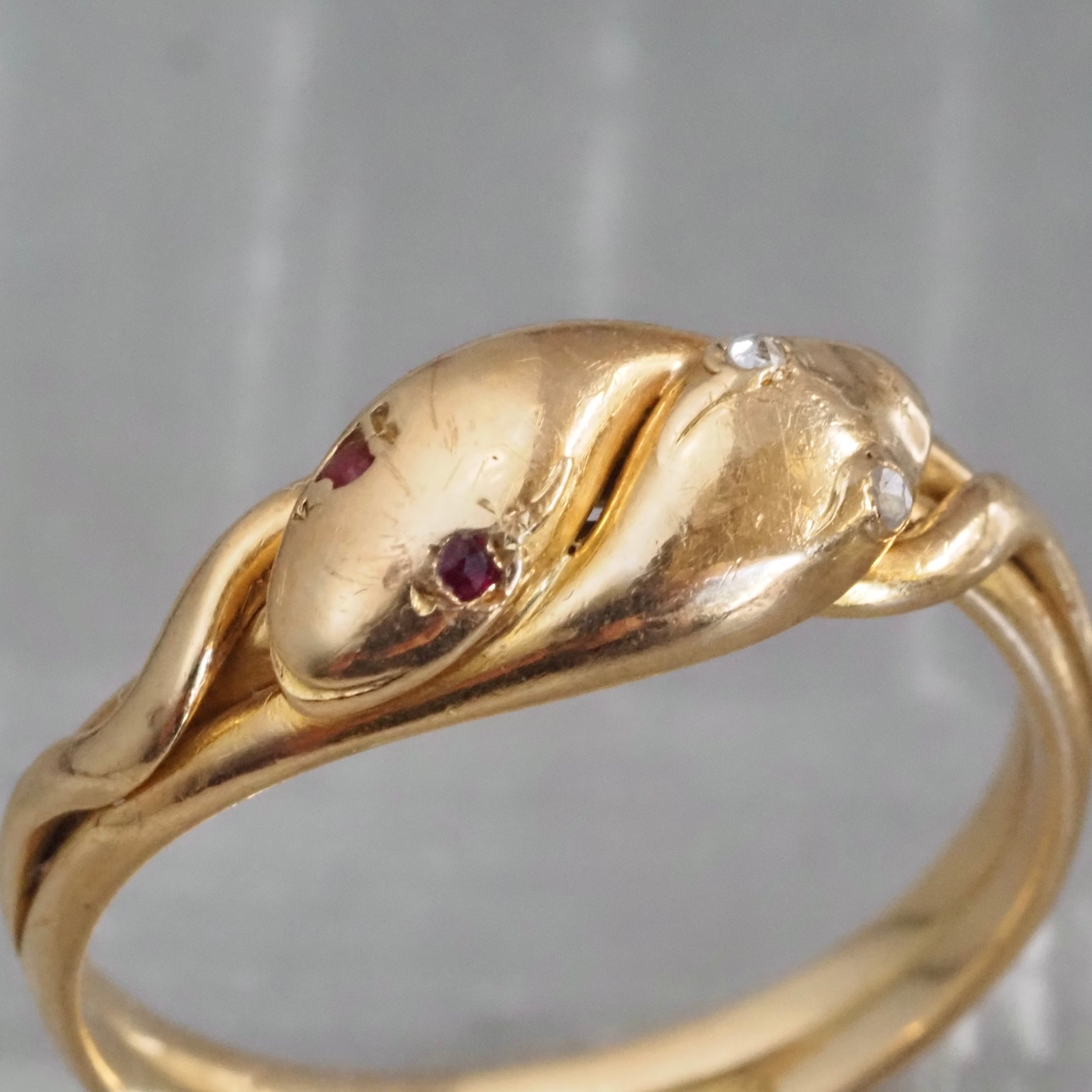 Antique c. 1891 English Double Snake Ruby and Diamond 18k Gold Ring